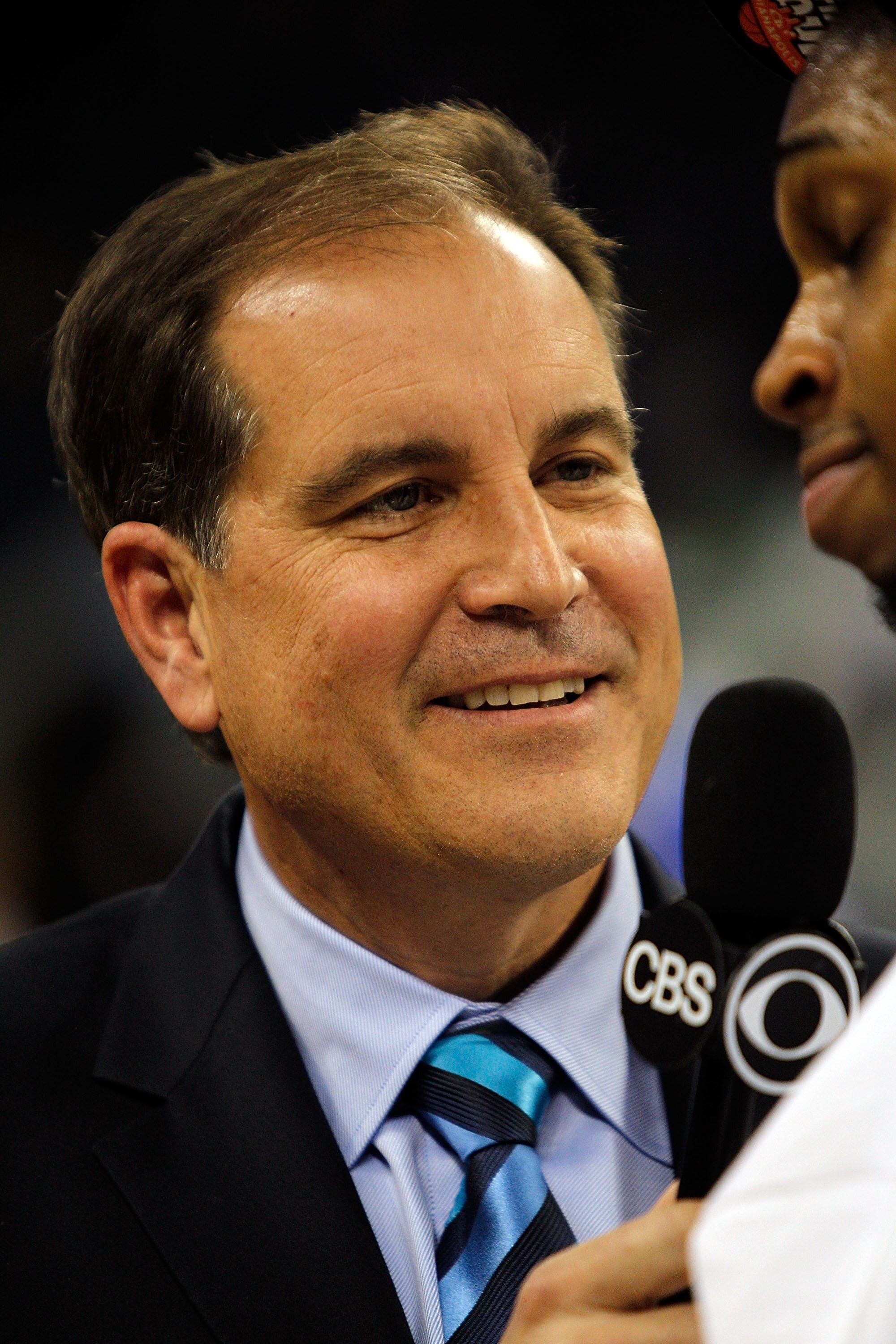 HOUSTON - MARCH 28: Broadcaster Jim Nantz of CBS television interviews Lance Thomas #42 of the Duke Blue Devils following a win over the Baylor Bears during the south regional final of the 2010 NCAA men's basketball tournament at Reliant Stadium on March 