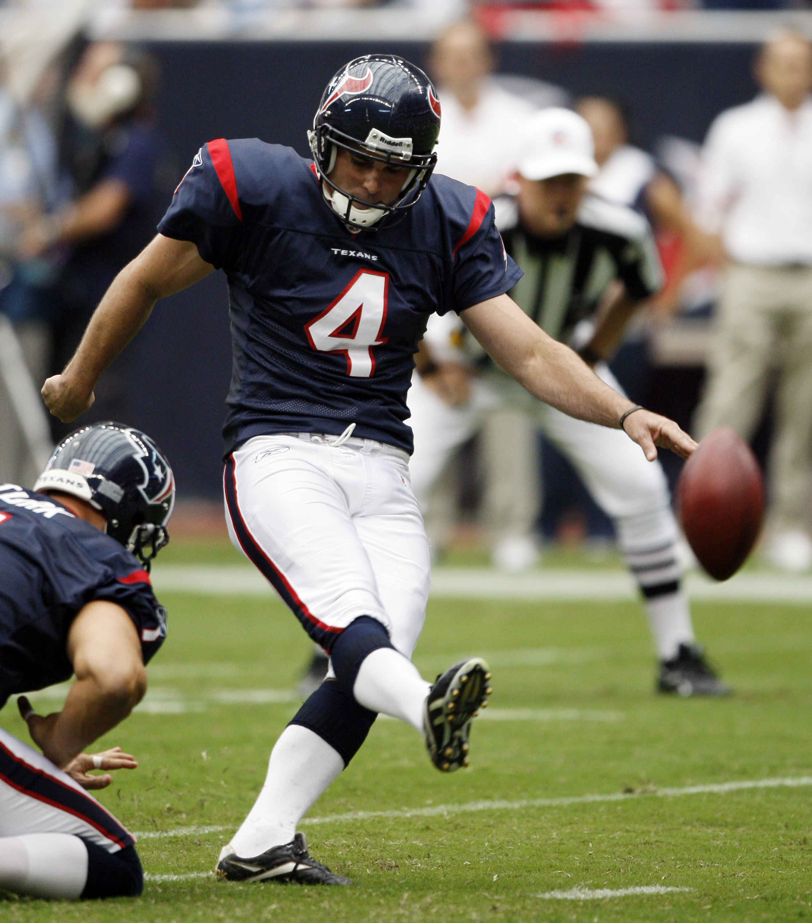 HOUSTON - SEPTEMBER 26:  Kicker Neil Rackers #4 of the Houston Texans connects on a 24 yard field goal in the second quarter against the Dallas Cowboys at Reliant Stadium on September 26, 2010 in Houston, Texas.  (Photo by Bob Levey/Getty Images)