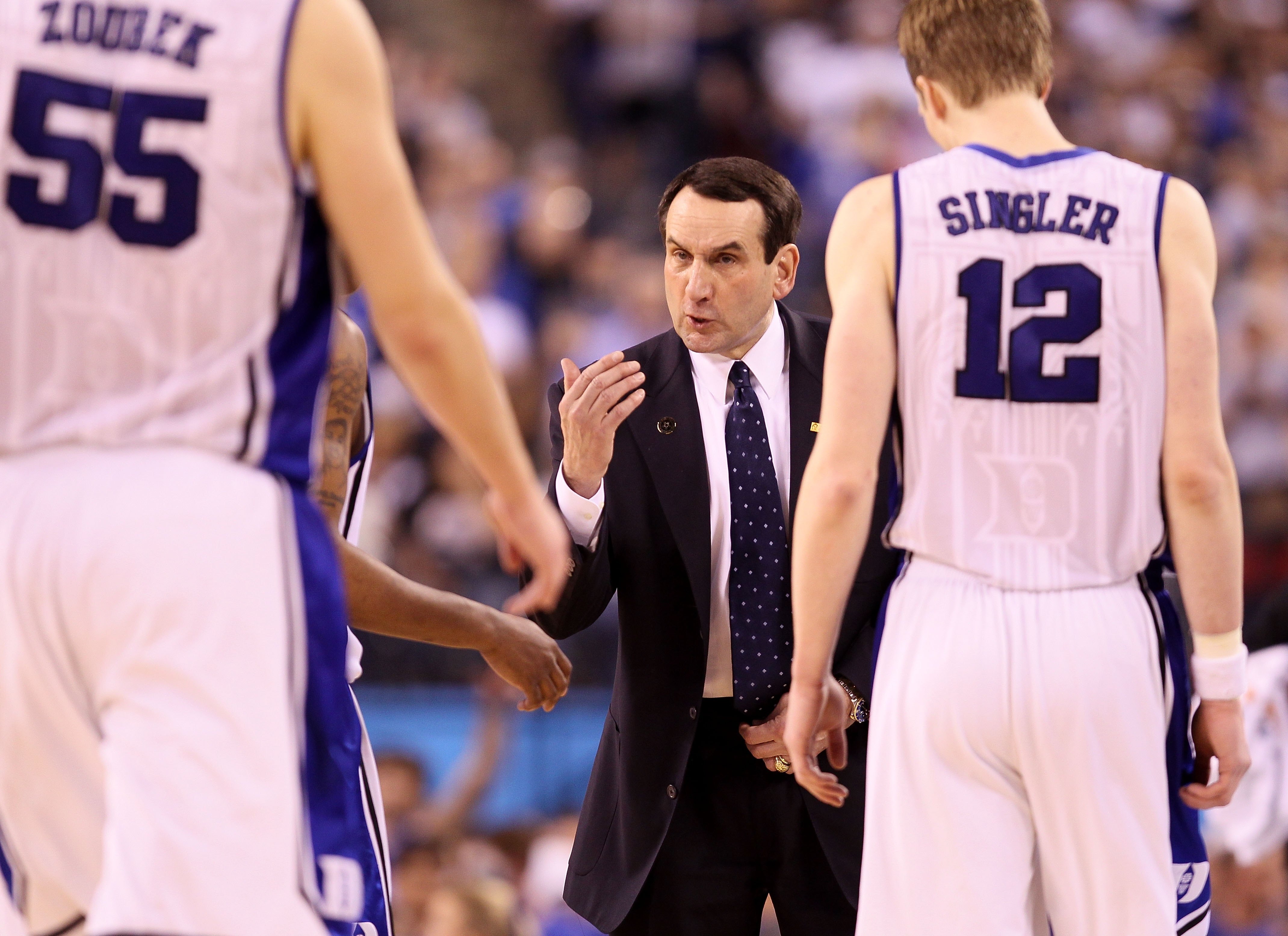 INDIANAPOLIS - APRIL 05:  Head coach Mike Krzyzewski of the Duke Blue Devils gestures towards his players at a timeout against the Butler Bulldogs during the 2010 NCAA Division I Men's Basketball National Championship game at Lucas Oil Stadium on April 5,