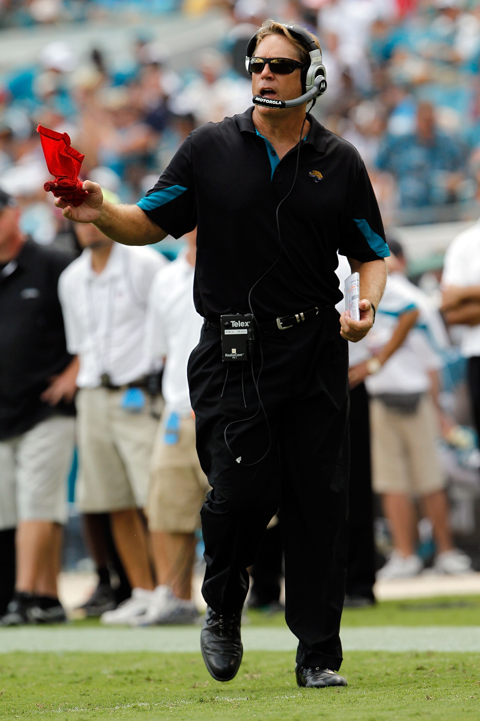 JACKSONVILLE, FL - SEPTEMBER 12:  Head coach Jack Del Rio of the Jacksonville Jaguars throws the red challenge flag during the NFL season opener game against the Denver Broncos at EverBank Field on September 12, 2010 in Jacksonville, Florida.  (Photo by S