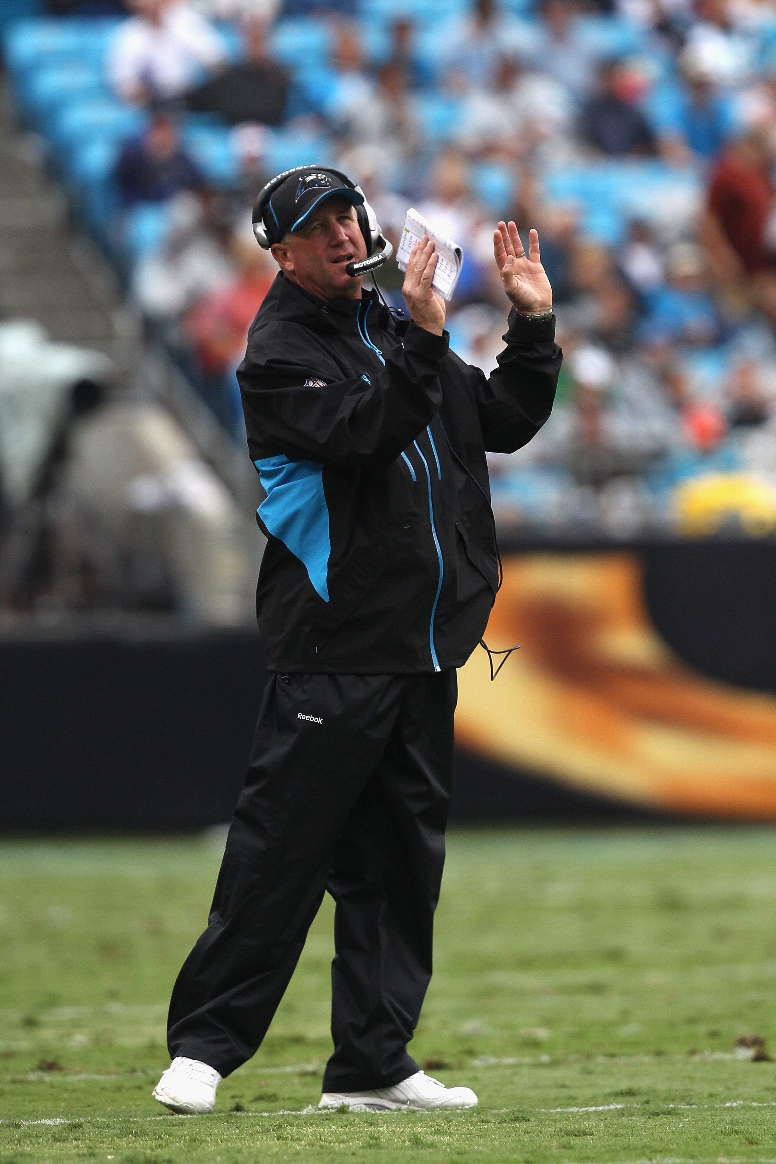 CHARLOTTE, NC - SEPTEMBER 26:  Head coach John Fox of the Carolina Panthers reacts to a call against the Cincinnati Bengals during their game at Bank of America Stadium on September 26, 2010 in Charlotte, North Carolina.  (Photo by Streeter Lecka/Getty Im
