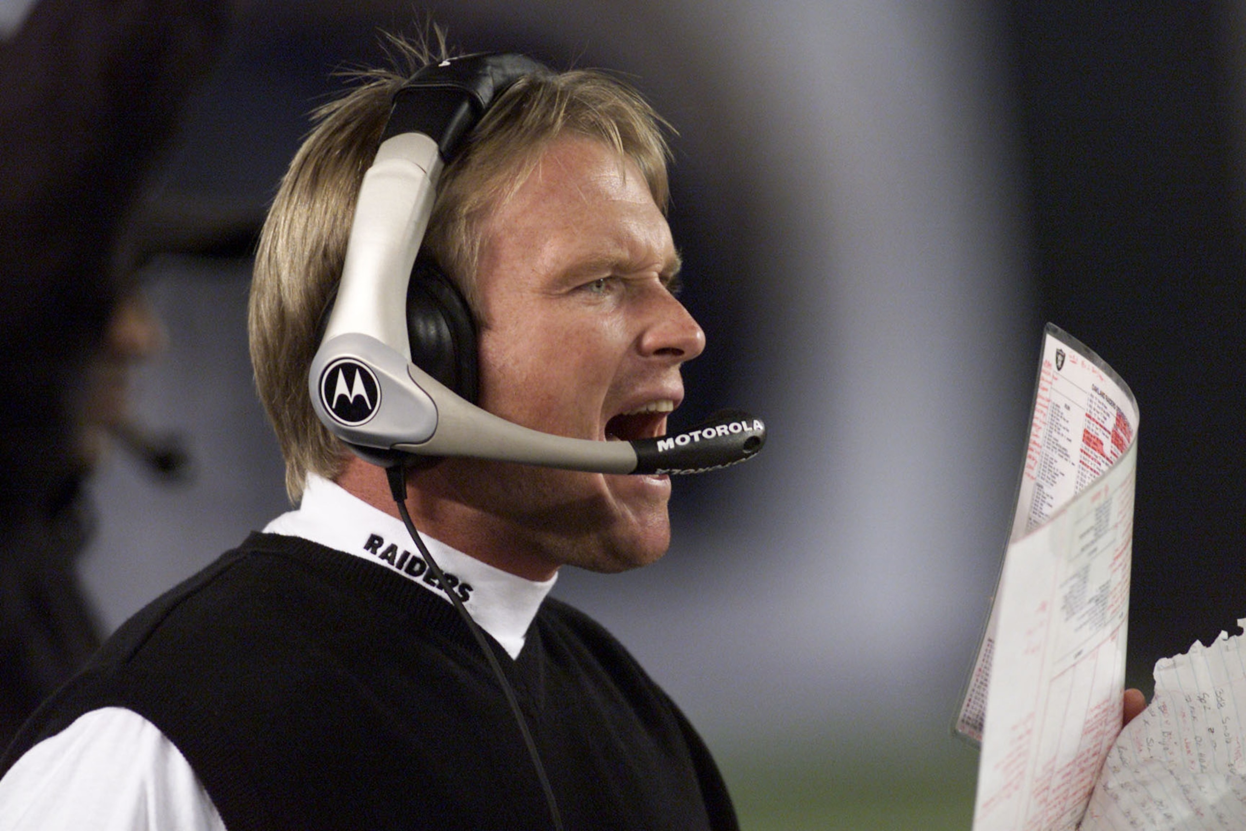 29 Oct 2000:  Oakland Raiders head coach Jon Gruden shouts from the sidelines in the Raiders'' game against the San Diego Chargers at Qualcomm Stadium in San Diego, California. The Raiders defeated the Chargers 15-13. DIGITAL IMAGE. Mandatory Credit: Step