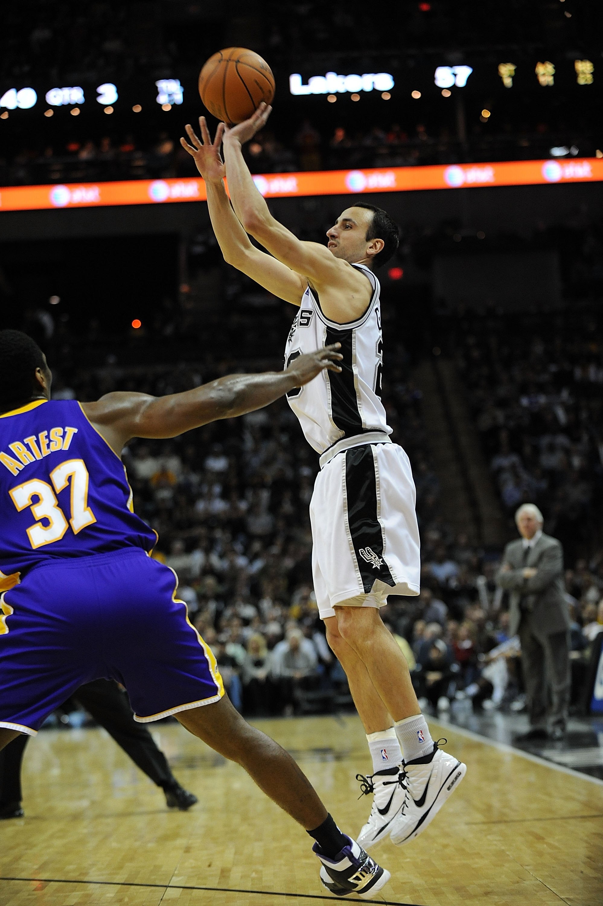 SAN ANTONIO - JANUARY 12:  Guard Manu Ginobili #20 of the San Antonio Spurs on January 12, 2010 at AT&T Center in San Antonio, Texas.  NOTE TO USER: User expressly acknowledges and agrees that, by downloading and/or using this Photograph, user is consenti