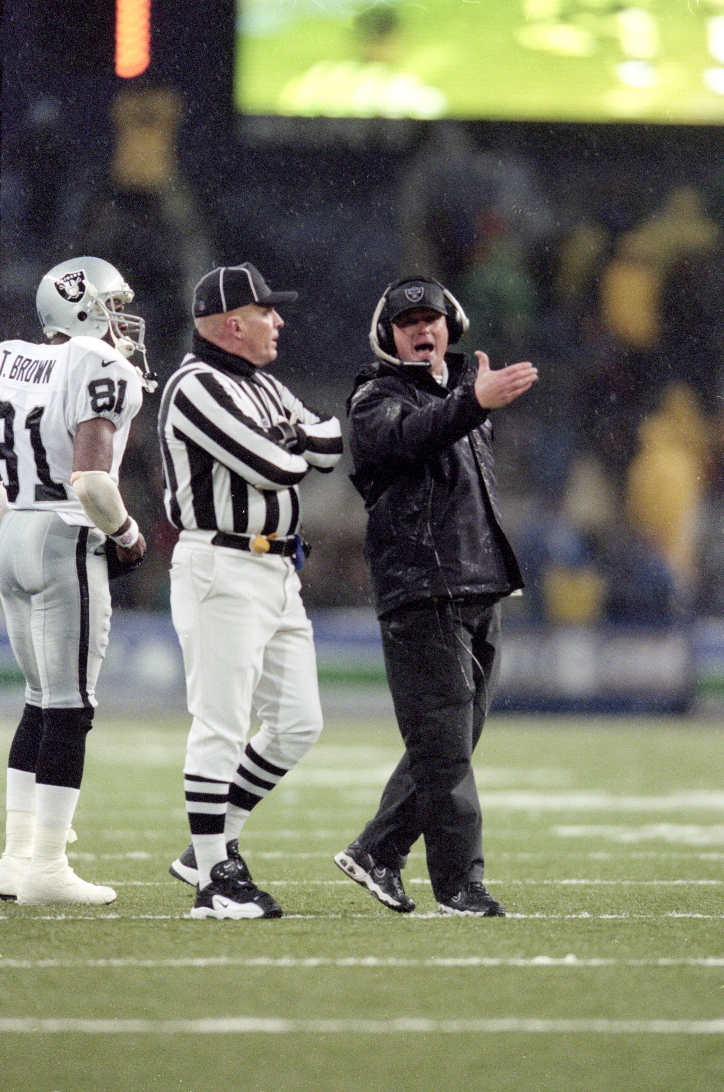 16 Dec 2000: Head Coach Jon Gruden of the Oakland Raiders yells as he questions the call on the field during the game against the Seattle Seahawks at the Husky Stadium in Seattle, Washington. The Seahawks defeated the Raiders 27-24.Mandatory Credit: Otto 16 Dec 2000: Head Coach Jon Gruden of the Oakland Raiders yells as he questions the call on the field during the game against the Seattle Seahawks at the Husky Stadium in Seattle, Washington. The Seahawks defeated the Raiders 27-24.Mandatory Credit: Otto