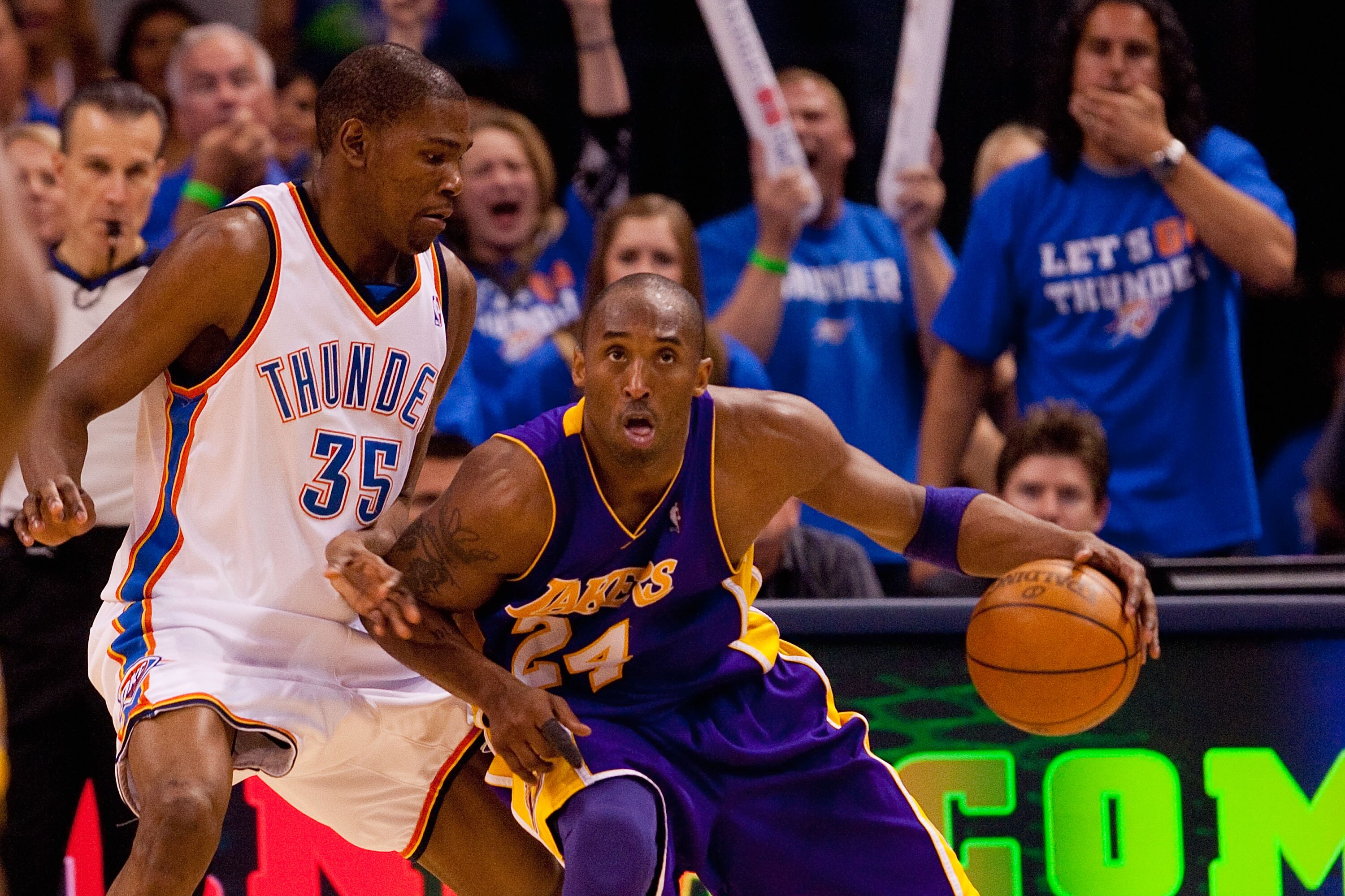 OKLAHOMA CITY - APRIL 30: Kobe Bryant #24 of the Los Angeles Lakers looks to get past Kevin Durant #35 of the Oklahoma City Thunder during Game Six of the Western Conference Quarterfinals of the 2010 NBA Playoffs on April 30, 2010 at the Ford Center in Ok OKLAHOMA CITY - APRIL 30: Kobe Bryant #24 of the Los Angeles Lakers looks to get past Kevin Durant #35 of the Oklahoma City Thunder during Game Six of the Western Conference Quarterfinals of the 2010 NBA Playoffs on April 30, 2010 at the Ford Center in Ok