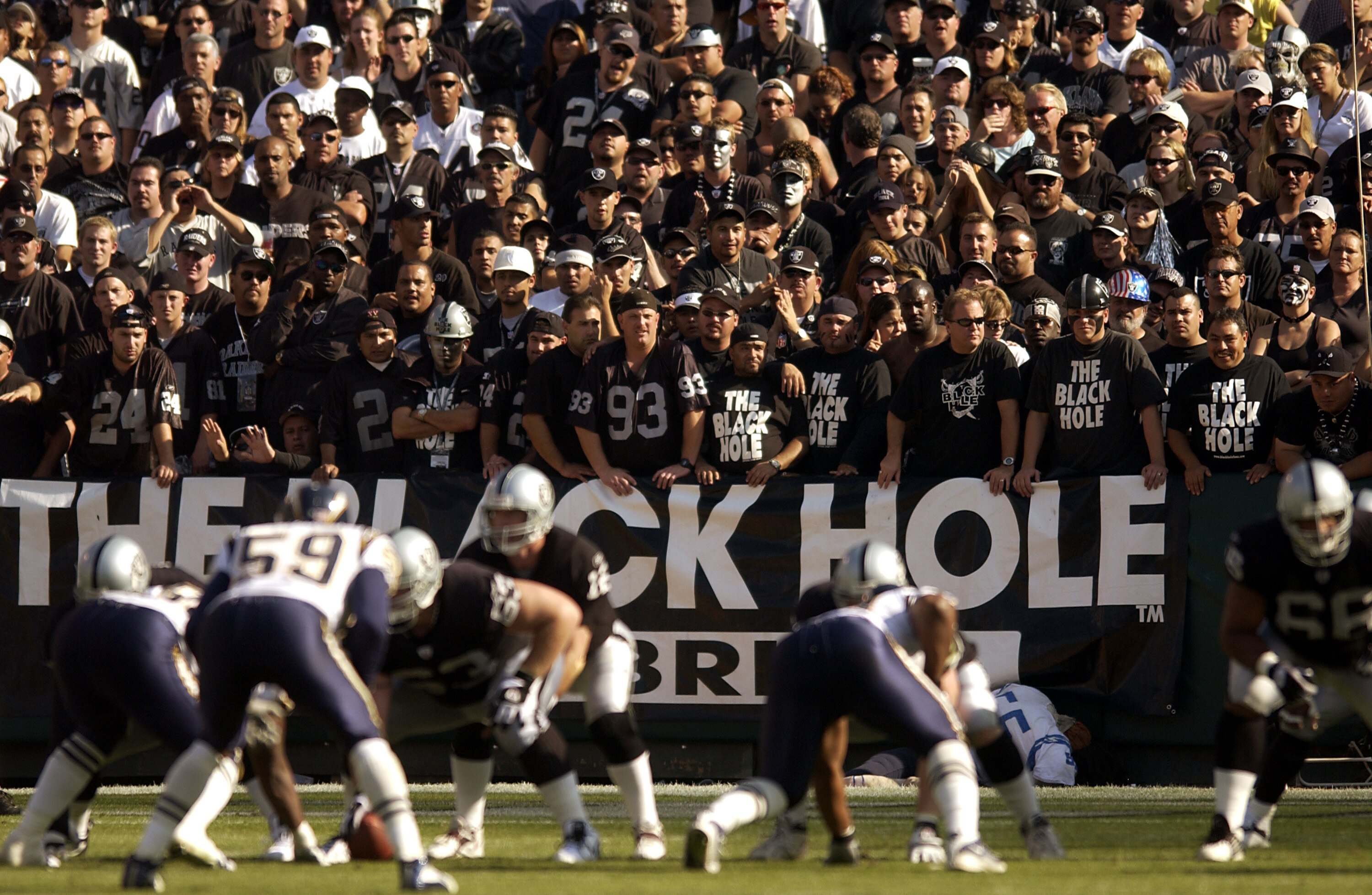 Raider Fans in the 'Black Hole' look on during the second half of the Raiders overtime loss to the San Diego Chargers. Chargers 27, Raiders 21 (OT). (Photo by Steve Grayson/Getty Images) Raider Fans in the 'Black Hole' look on during the second half of the Raiders overtime loss to the San Diego Chargers. Chargers 27, Raiders 21 (OT). (Photo by Steve Grayson/Getty Images)