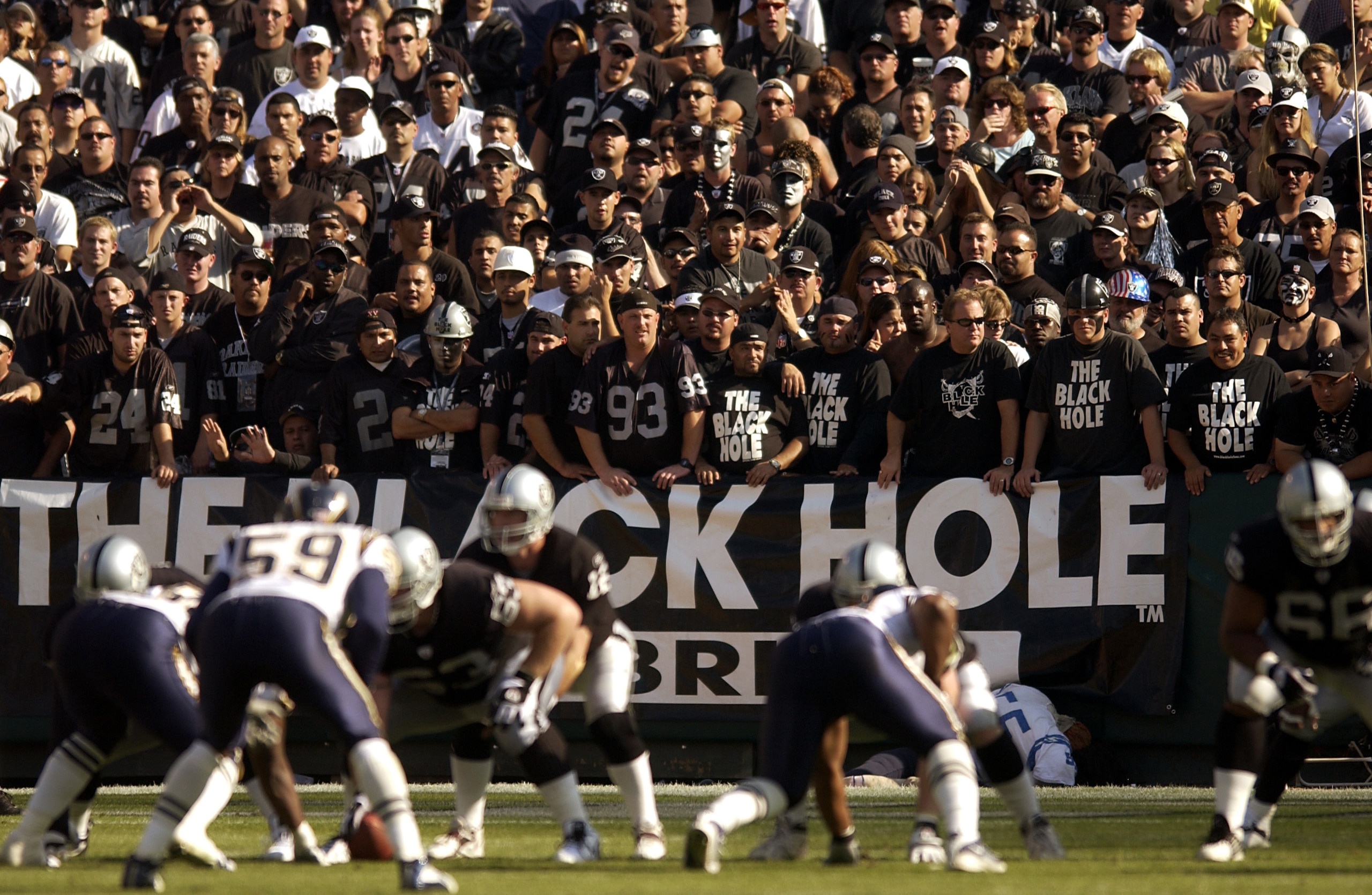 Raider Fans in the 'Black Hole' look on during the second half of the Raiders overtime loss to the San Diego Chargers. Chargers 27, Raiders 21 (OT). (Photo by Steve Grayson/Getty Images)