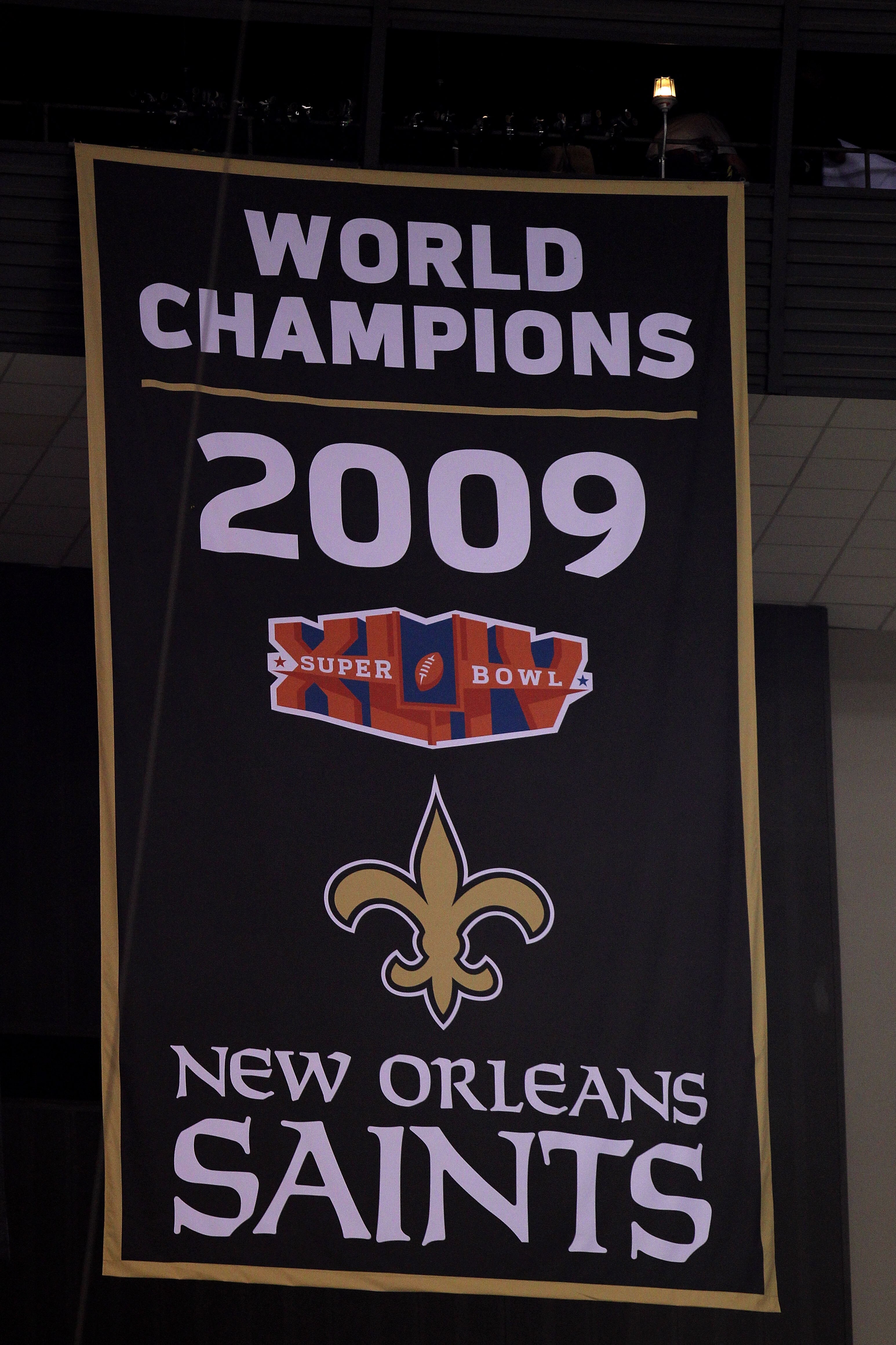 NEW ORLEANS - SEPTEMBER 09:  A detail of the Banner which was unveiled honoring the 2009 SUper Bowl World Championship which was won by the New Orleans Saints prior to the Saints opening the season against the Minnesota Vikings at Louisiana Superdome on S