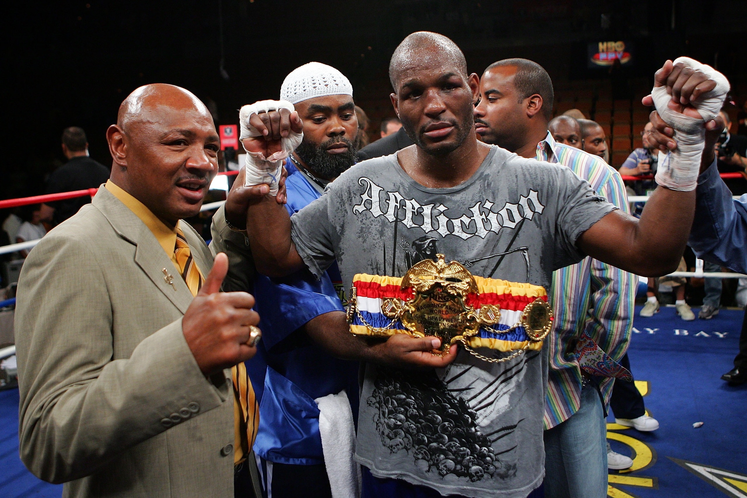 LAS VEGAS - JULY 21:  Bernard Hopkins (R) poses with former boxer Marvin Hagler after defeating Winky Wright by unanimous decision after Hopkins and Wright's light heavyweight fight at the Mandalay Bay Events Center July 21, 2007 in Las Vegas, Nevada.  (P