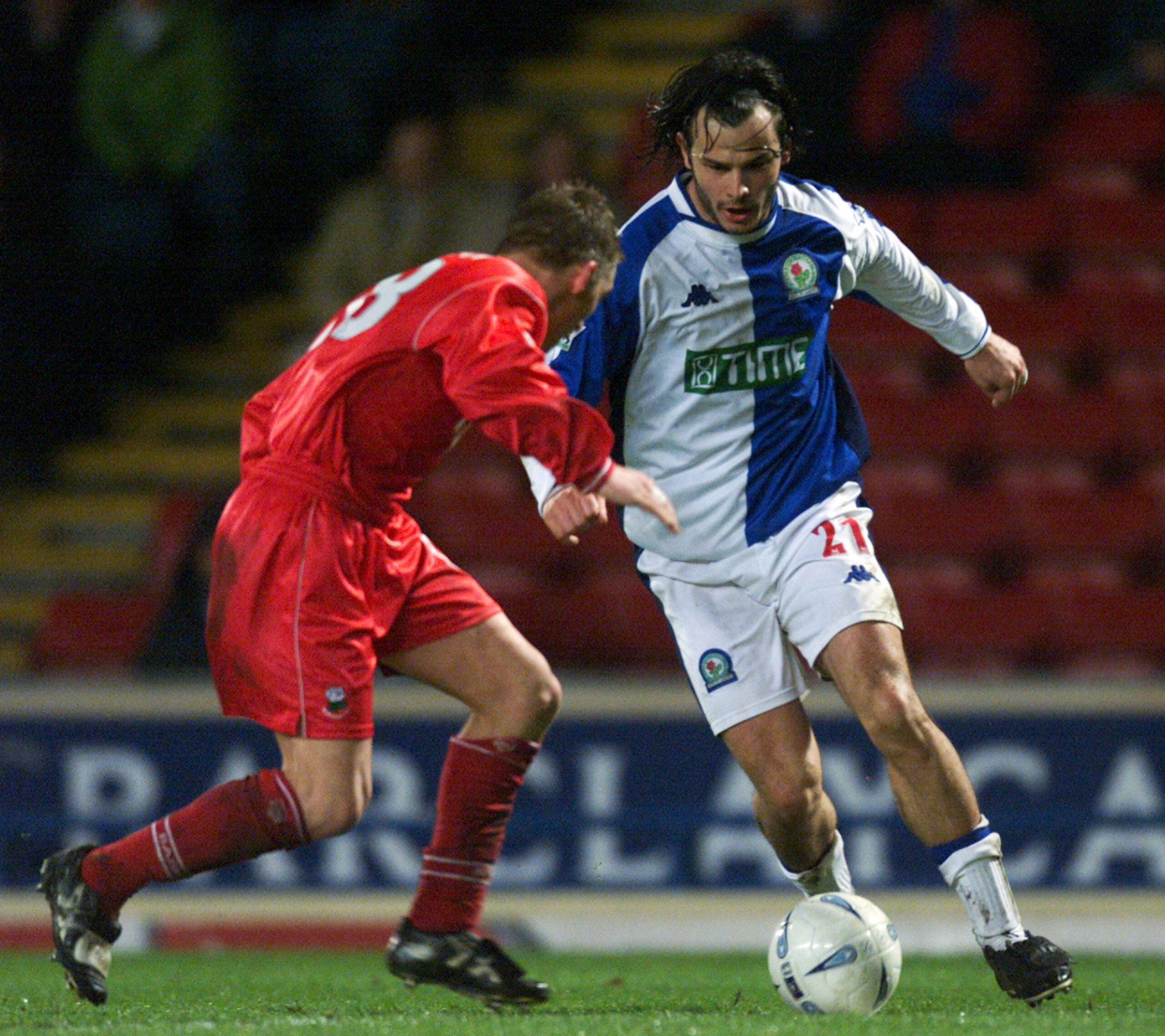 16 Jan 2002:  Corrado Grabbi of Blackburn Rovers runs with the ball during the AXA sponsored FA Cup third round replay match against Barnsley played at Ewood Park, in Blackburn, England. Blackburn Rovers won the match 3-1. DIGITAL IMAGE. \ Mandatory Credi