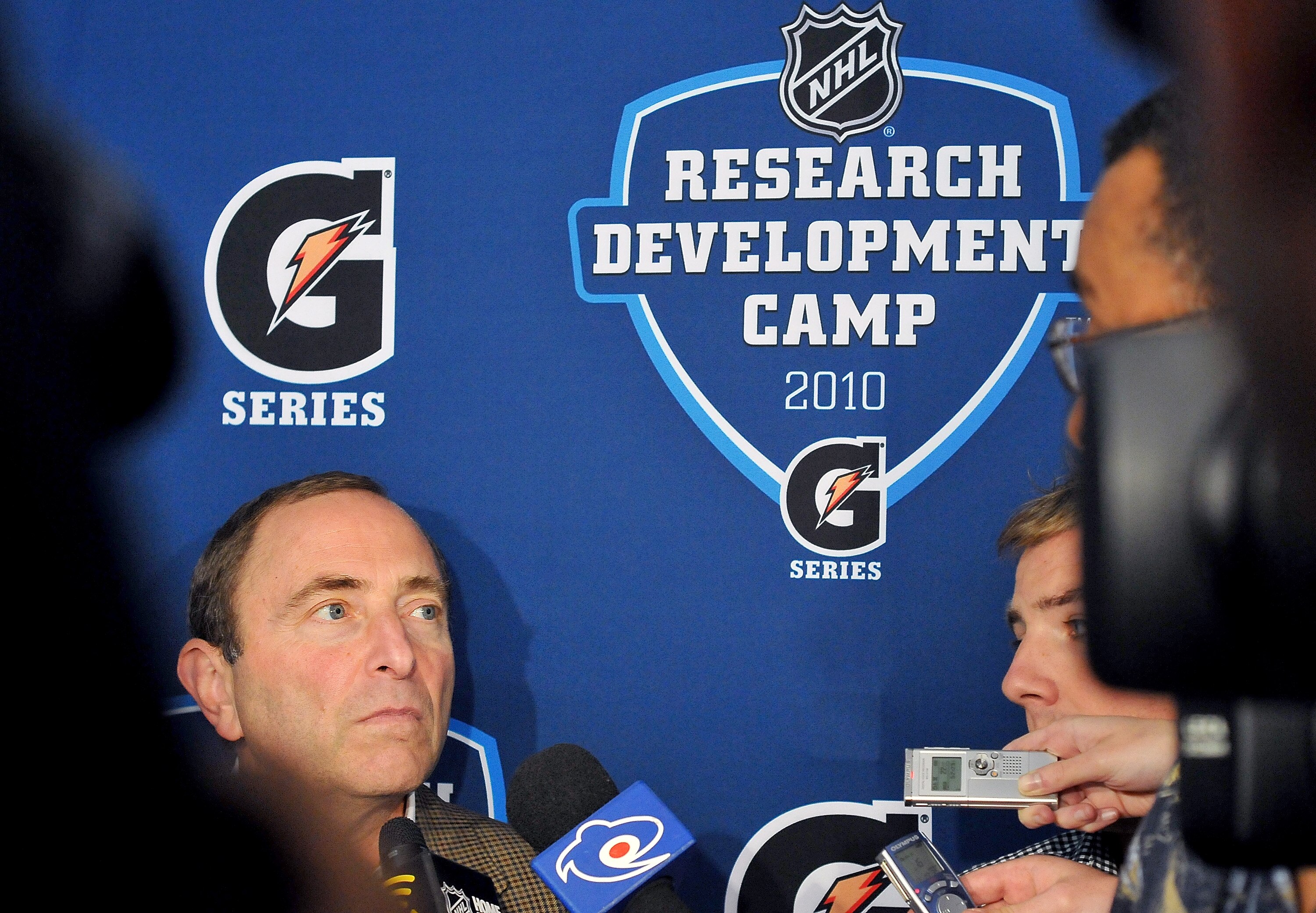 TORONTO, ON - AUGUST 18: Gary Bettman, Commissioner of the NHL, speaks to the media prior to the afternoon session of the 2010 NHL Research, Development and Orientation Camp at the Mastercard Center on August 18, 2010 in Toronto, Canada.  (Photo by Matthe