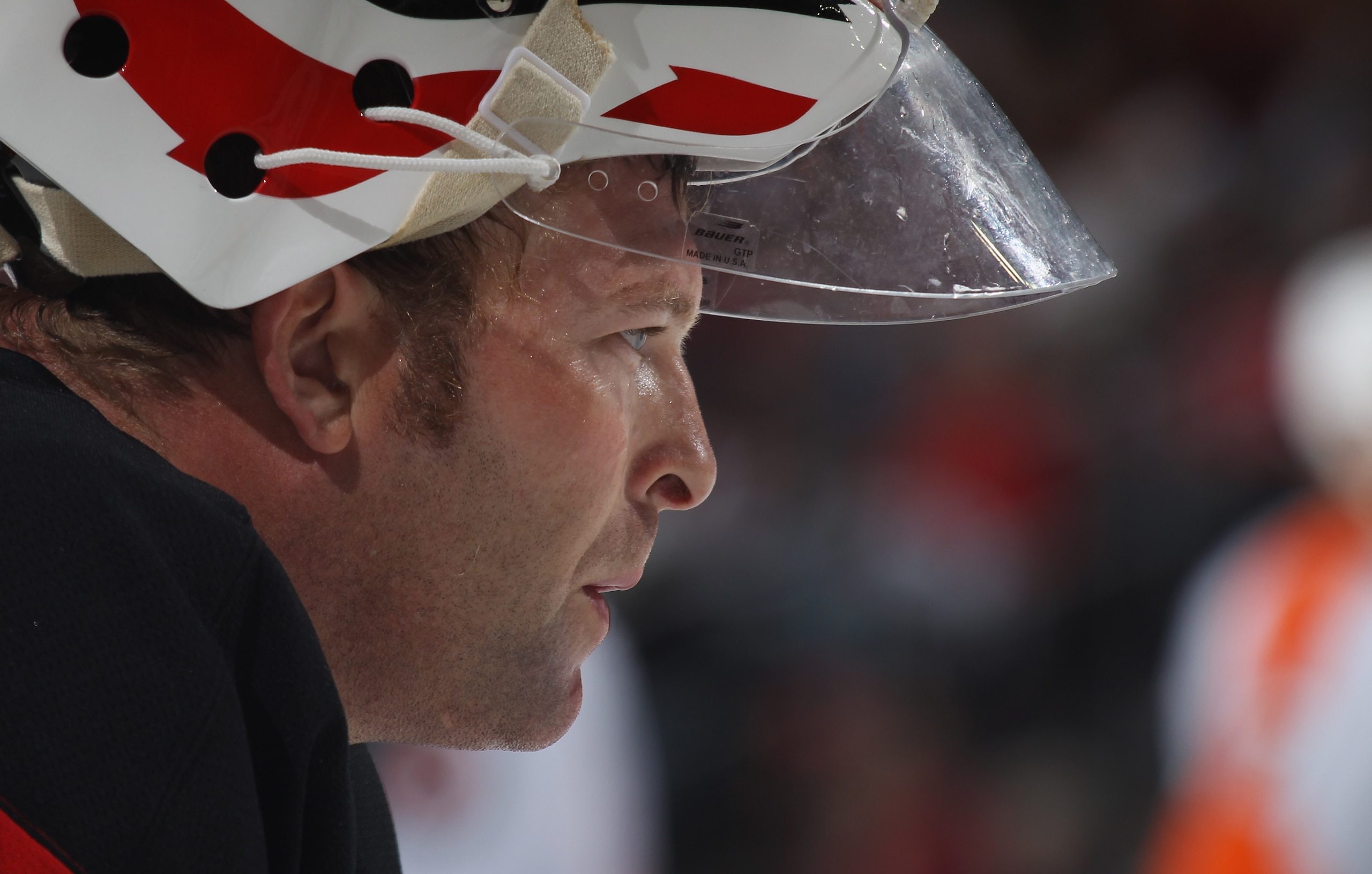 NEWARK, NJ - SEPTEMBER 28:  Martin Brodeur #30 of the New Jersey Devils takes a break during his game against the Philadelphia Flyers at the Prudential Center on September 28, 2010 in Newark, New Jersey.  (Photo by Bruce Bennett/Getty Images)