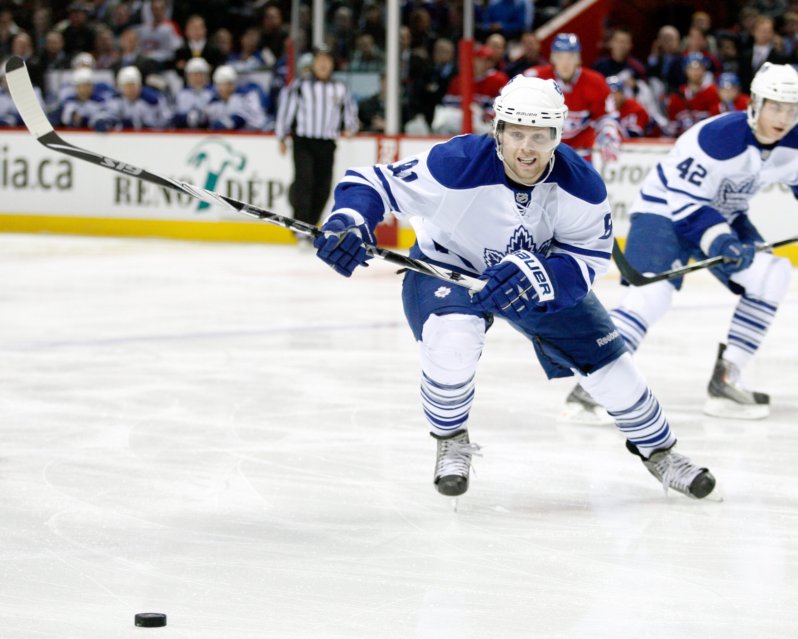 MONTREAL- APRIL 10:  Phil Kessel #81 of the Toronto Maple Leafs chases the puck during the NHL game against the Montreal Canadiens on April 10, 2010 at the Bell Centre in Montreal, Quebec, Canada.  The Maple Leafs defeated the Canadiens 4-3 in overtime.