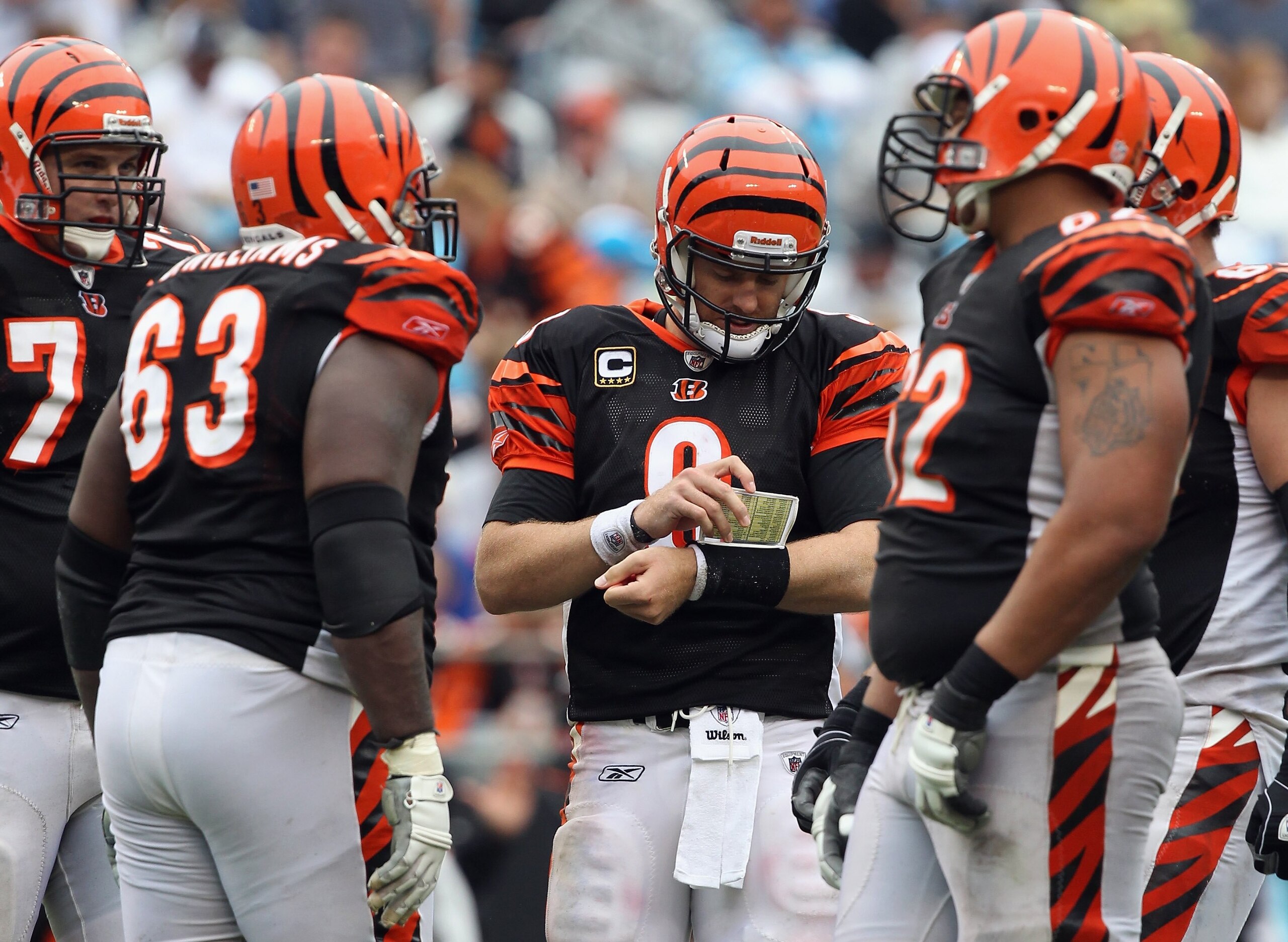 CHARLOTTE, NC - SEPTEMBER 26:  Carson Palmer #9 of the Cincinnati Bengals against the Carolina Panthers during their game at Bank of America Stadium on September 26, 2010 in Charlotte, North Carolina.  (Photo by Streeter Lecka/Getty Images)