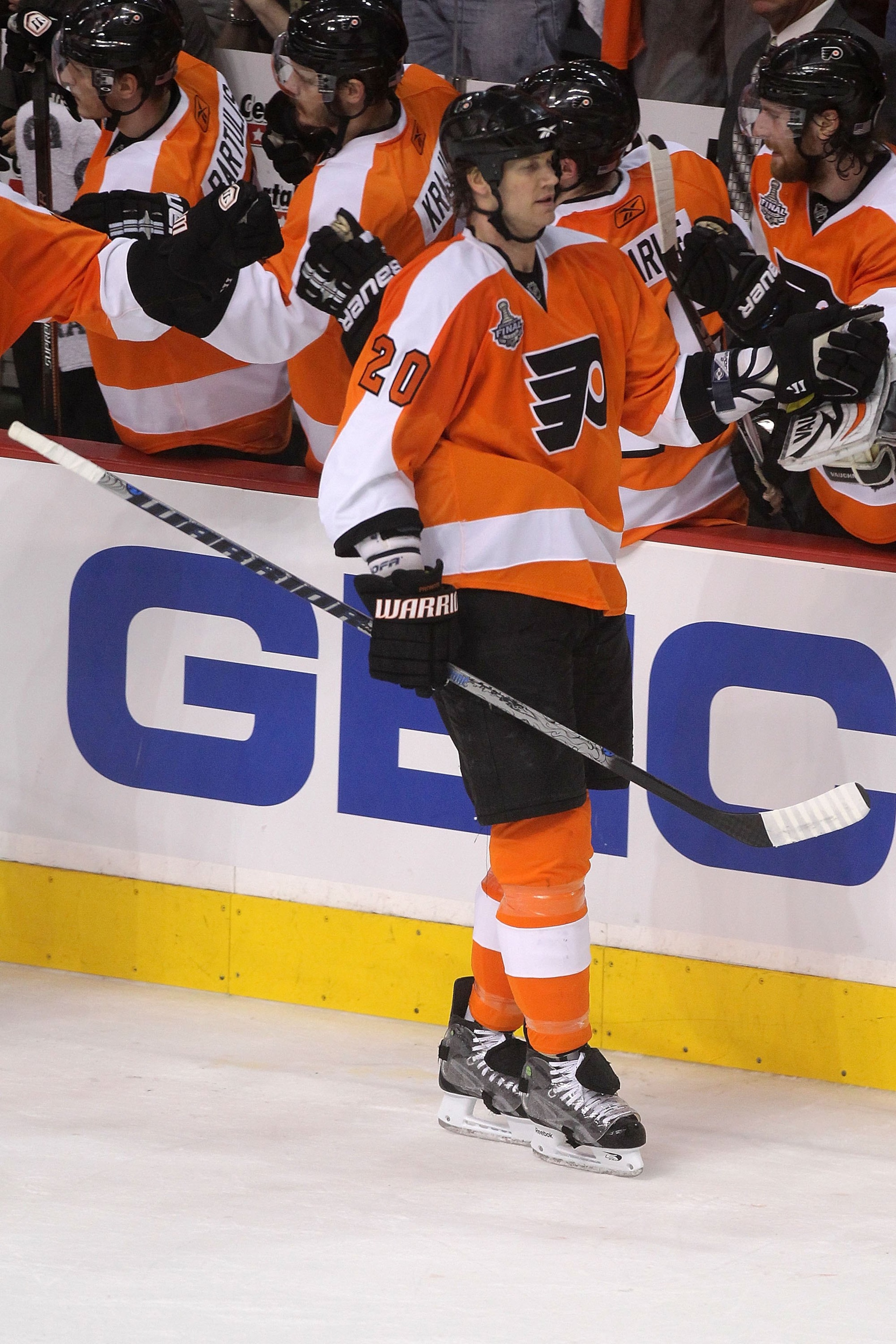 PHILADELPHIA - JUNE 09:  Chris Pronger #20 of the Philadelphia Flyers celebrates after teammate Scott Hartnell #19 scored a power play goal in the first period against the Chicago Blackhawks in Game Six of the 2010 NHL Stanley Cup Final at the Wachovia Ce