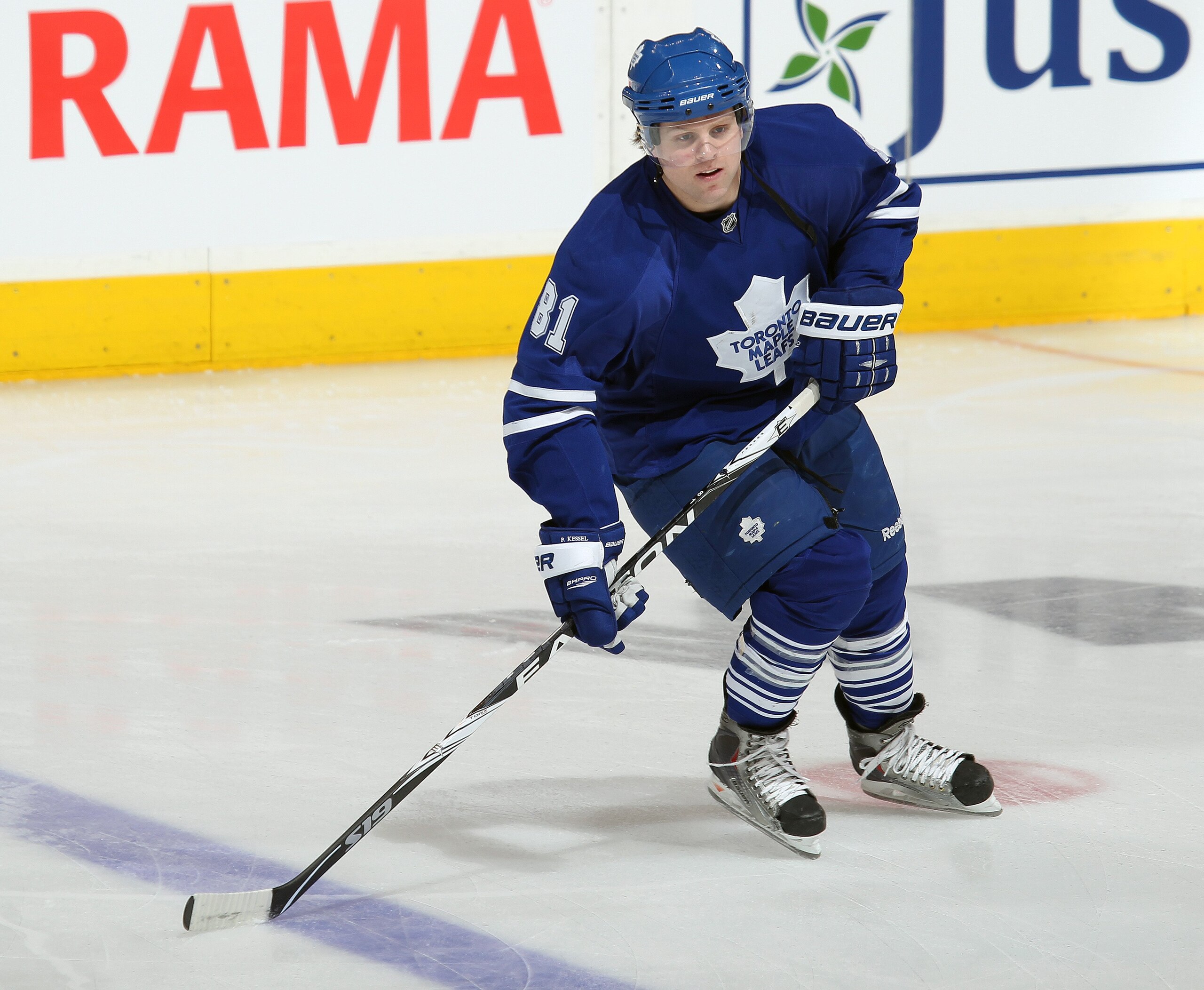 TORONTO, ON - APRIL 3:  Phil Kessel #81 of the Toronto Maple Leafs skates in the warm-up prior to a game against the Boston Bruins on April 3, 2010 at the Air Canada Centre in Toronto, Ontario. The Bruins defeated the Leafs 2-1 in overtime. (Photo by Clau