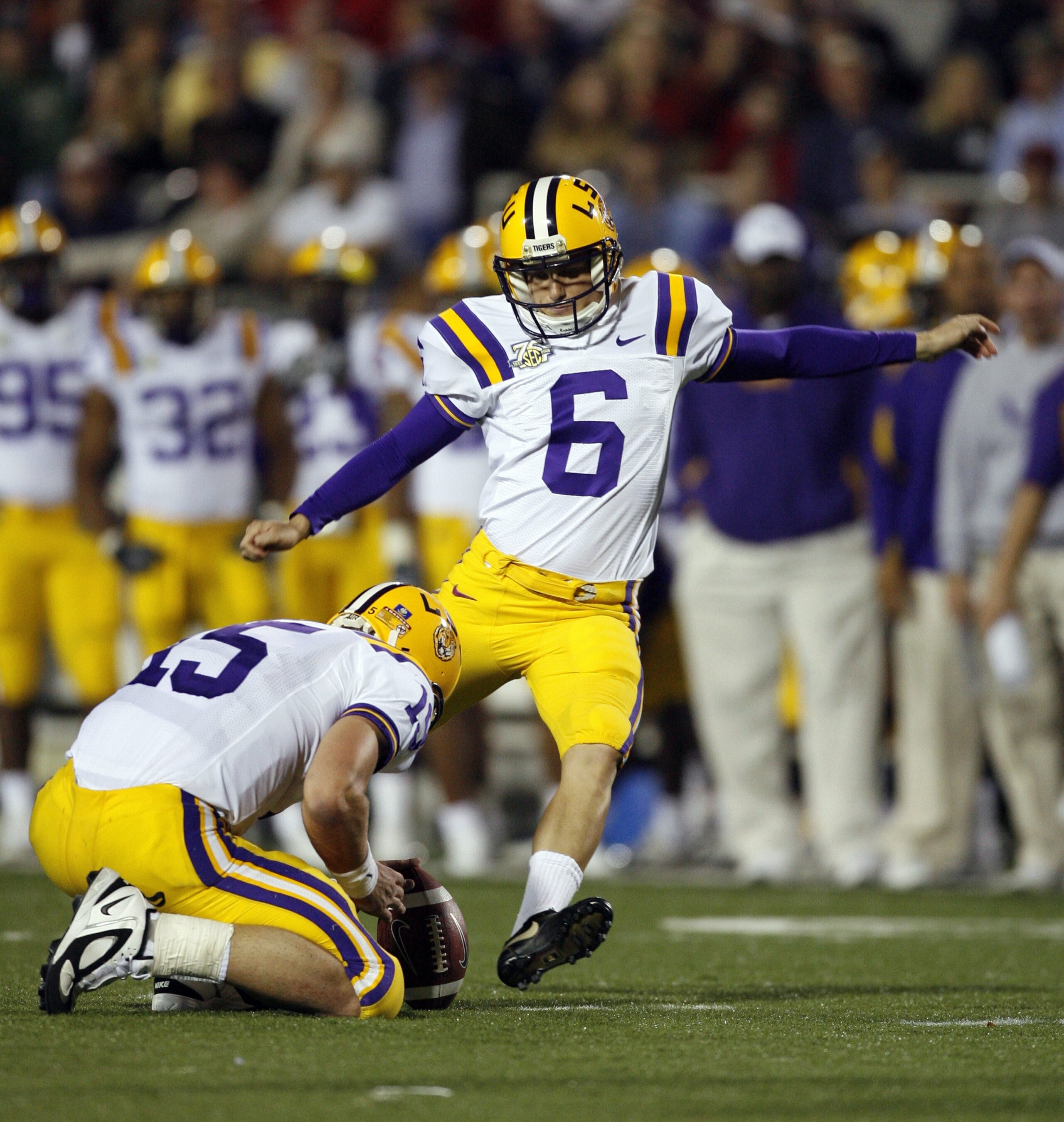 OXFORD, MS - NOVEMBER 17: Colt David #6 of the LSU Tigers makes a field goal attempt while the ball is held by Matt Flynn #15 against the Mississippi Rebels on November 17, 2007 at Vaught-Hemingway Stadium/Hollingsworth Field in Oxford, Mississippi. LSU b
