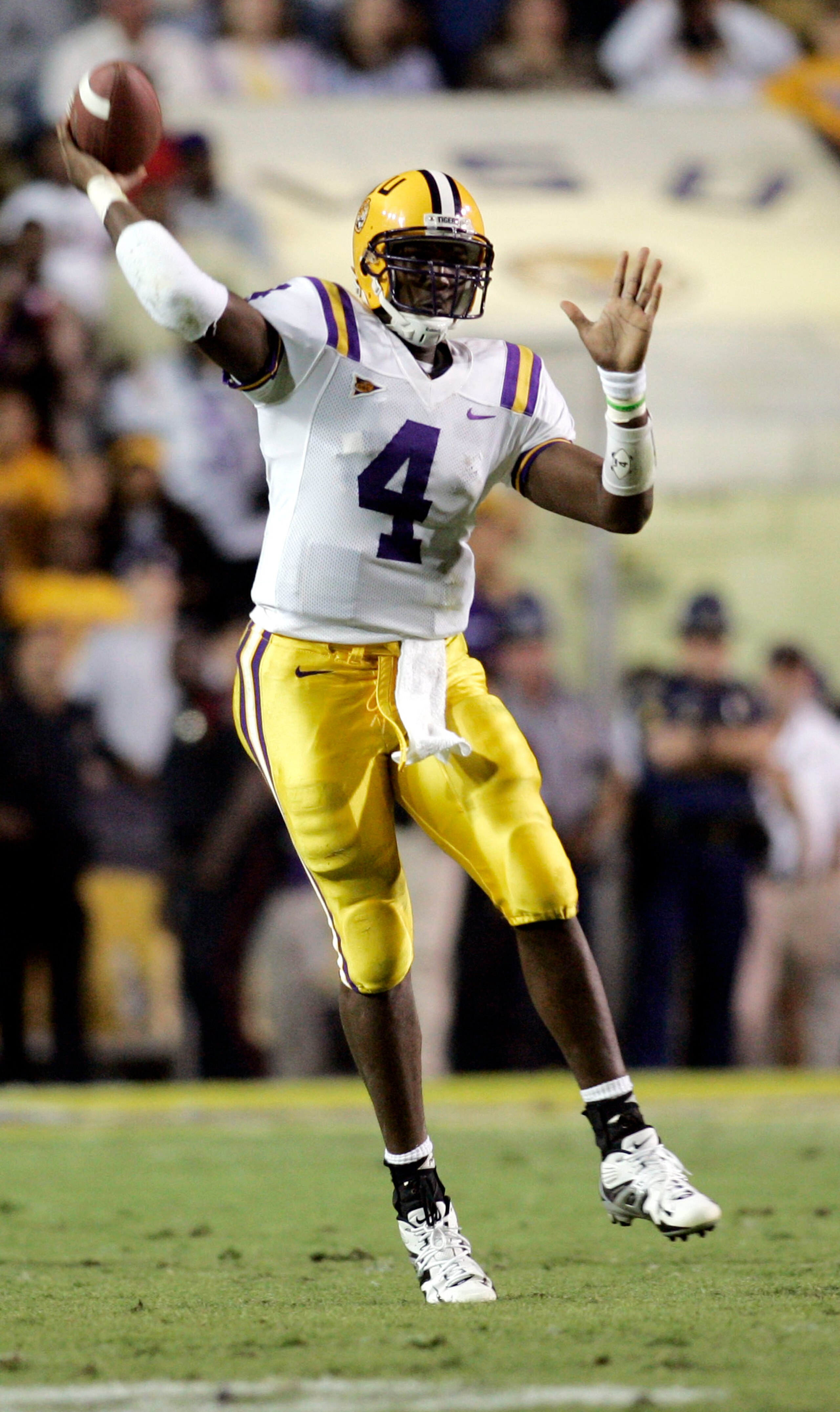 BATON ROUGE, LA - OCTOBER 22:  Quarterback JaMarcus Russell #4 of Louisiana State University completes a pass against Auburn University at Tiger Stadium in Baton Rouge, Louisiana on October 22, 2005. LSU defeated Auburn 20-17 in overtime.  (Photo by Chris