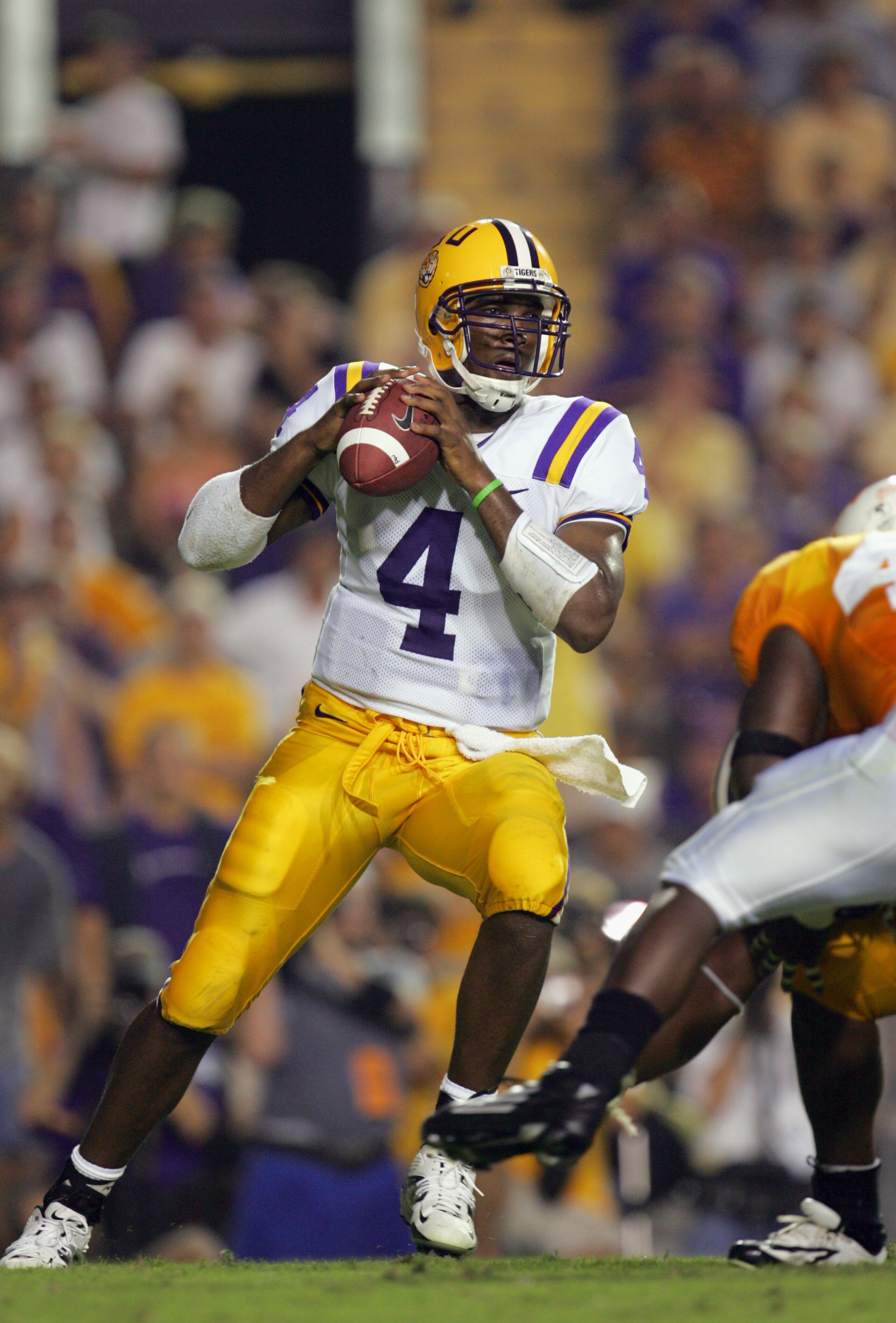 BATON ROUGE, LA - SEPTEMBER 26:  Quarterback JaMarcus Russell #4 of the Louisiana State University Tigers looks for an open receiver during the game against the University of Tennessee Volunteers on September 26, 2005 at Tiger Stadium in Baton Rouge, Loui