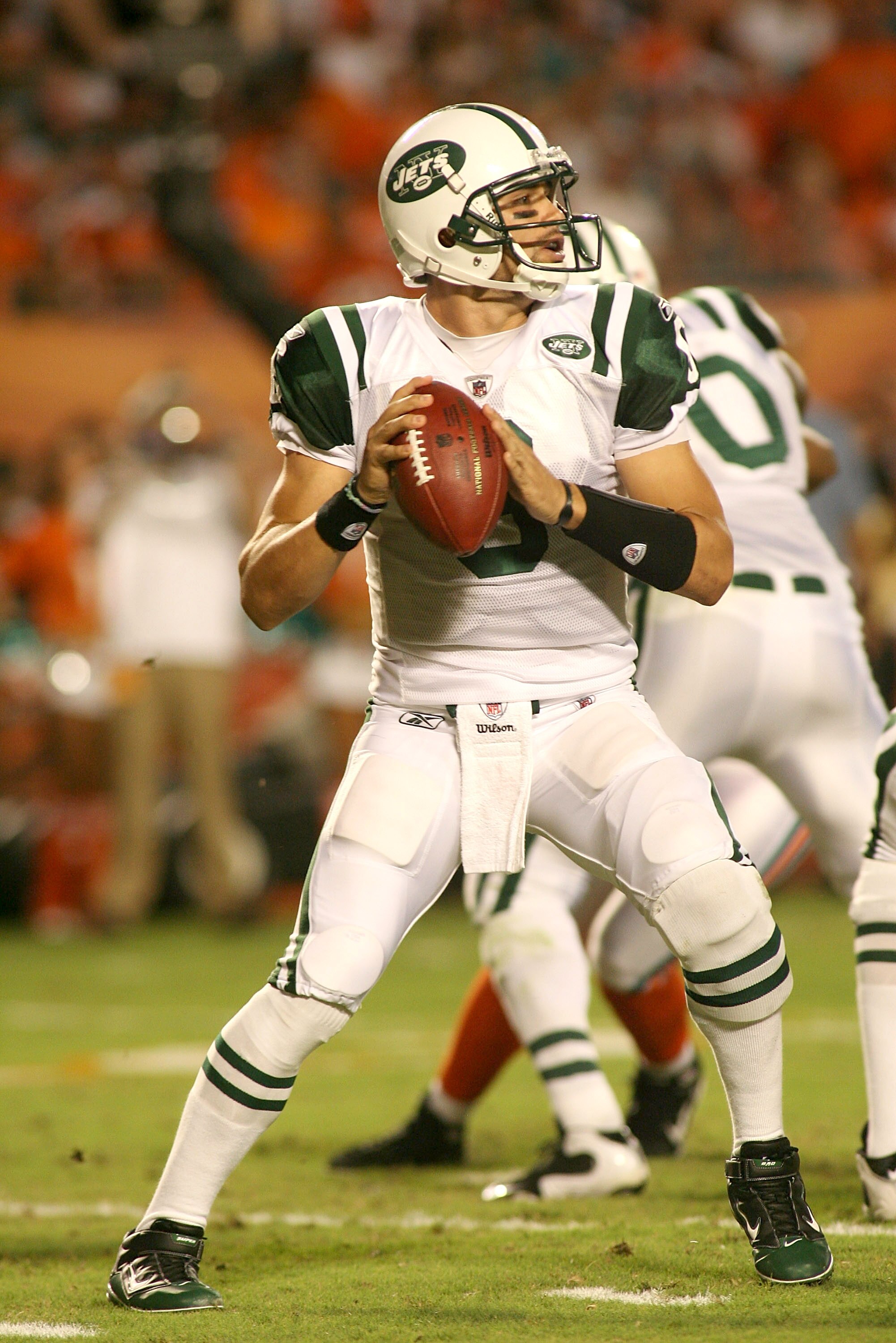 MIAMI - SEPTEMBER 26: Quarterback Mark Sanchez #6 of the New York Jets plays against the Miami Dolphins at Sun Life Stadium on September 26, 2010 in Miami, Florida. The Jets won 31-23. (Photo by Marc Serota/Getty Images)