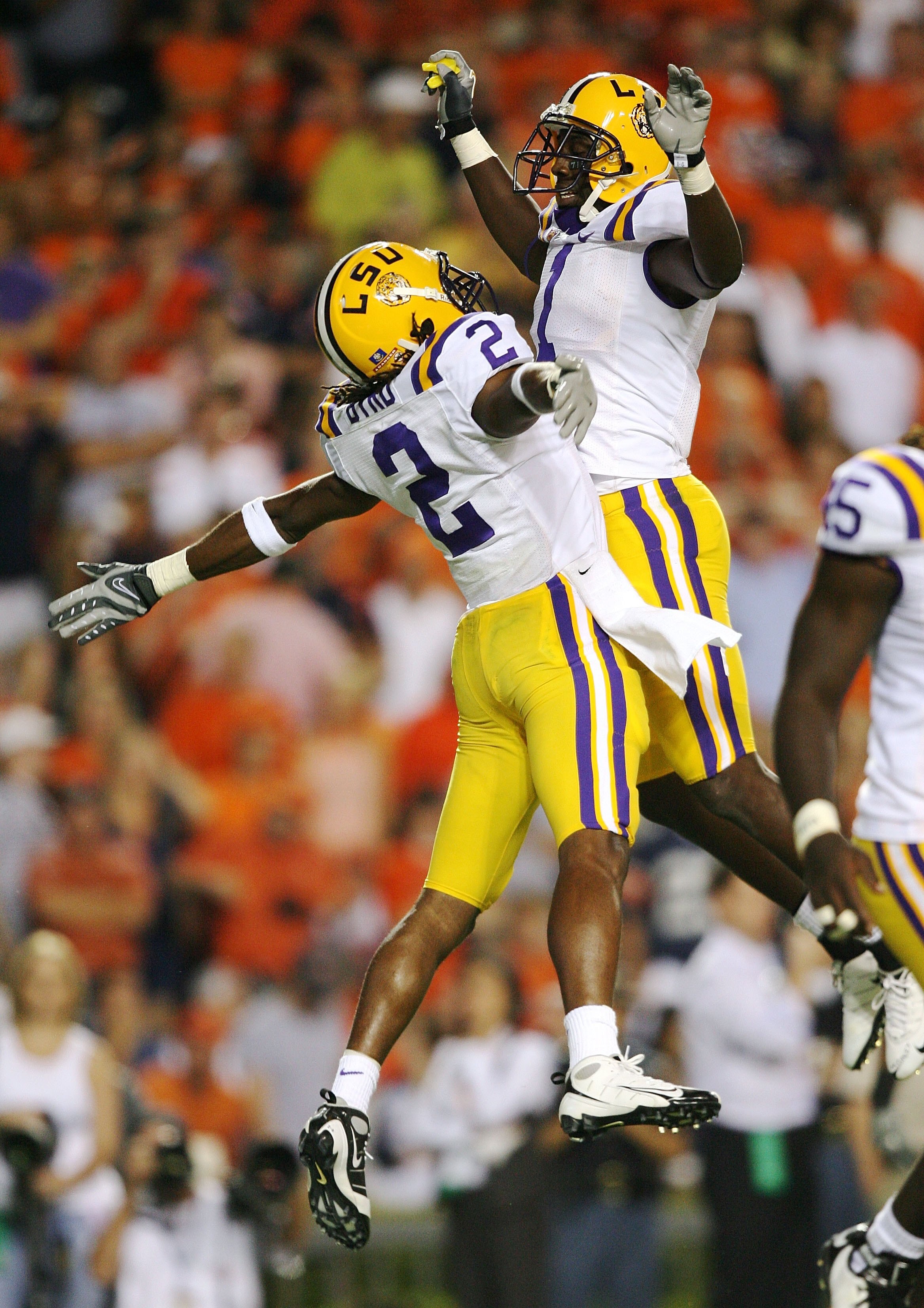 AUBURN, AL - SEPTEMBER 20:  Brandon LaFell #1 and Demetrius Byrd #2 of the LSU Tigers celebrate a touchdown catch by Byrd against the Auburn Tigers at Jordan-Hare Stadium on September 20, 2008 in Auburn, Alabama. LSU defeated Auburn 26-21.  (Photo by Doug