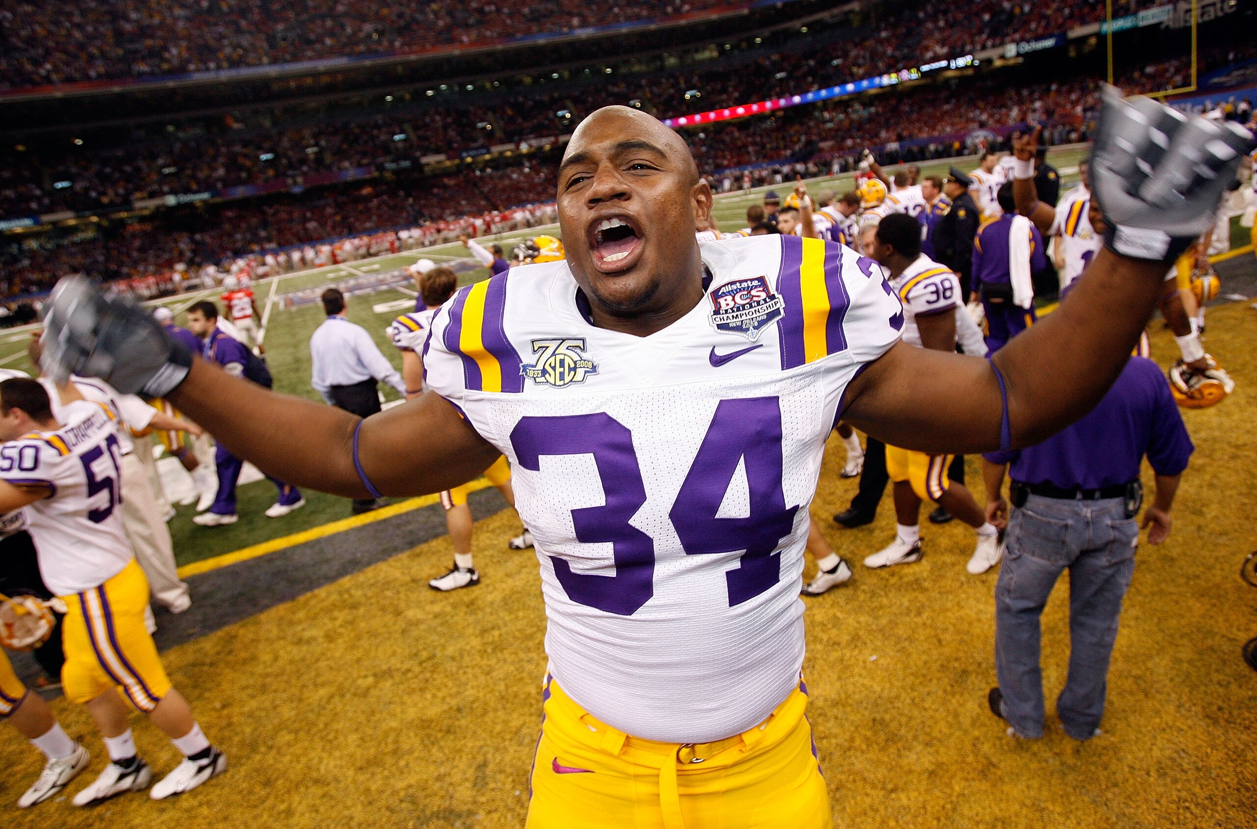 NEW ORLEANS - JANUARY 07:  Stevan Ridley #34 of the Louisiana State University Tigers celebrates after defeating the Ohio State Buckeyes 38-24 in the AllState BCS National Championship on January 7, 2008 at the Louisiana Superdome in New Orleans, Louisian