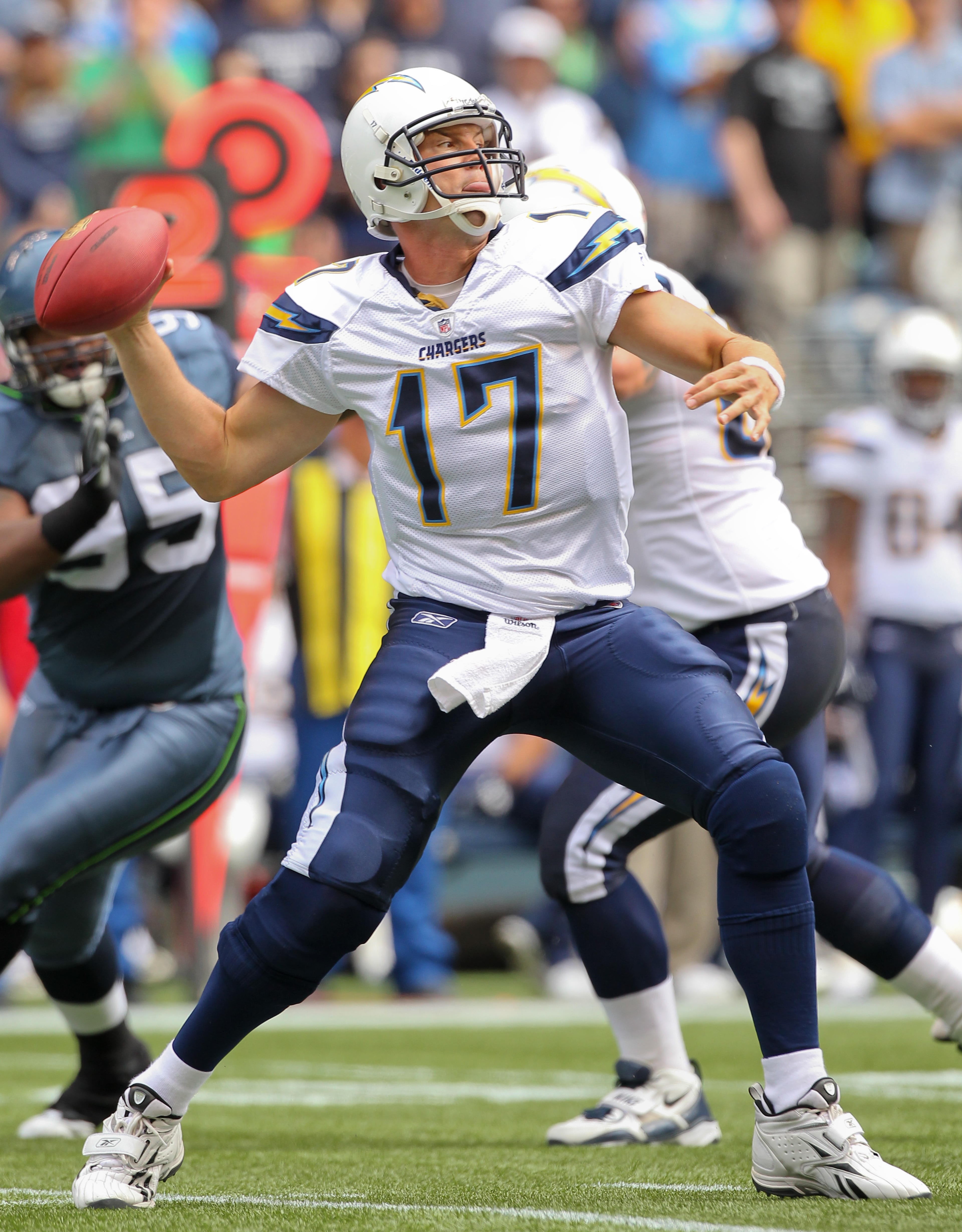 SEATTLE - SEPTEMBER 26:  Quarterback Philip Rivers #17 of the San Diego Chargers passes against the Seattle Seahawks at Qwest Field on September 26, 2010 in Seattle, Washington. (Photo by Otto Greule Jr/Getty Images)
