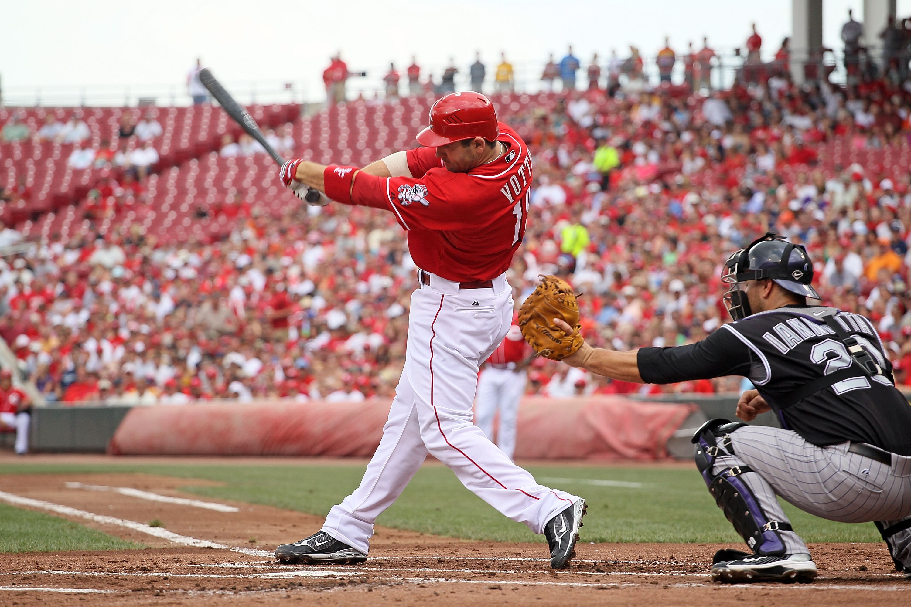 CINCINNATI - JULY 18:  Joey Votto #19 of the Cincinnati Reds is pictured during the game against the Colorado Rockies at Great American Ball Park on July 18, 2010 in Cincinnati, Ohio.  (Photo by Andy Lyons/Getty Images)