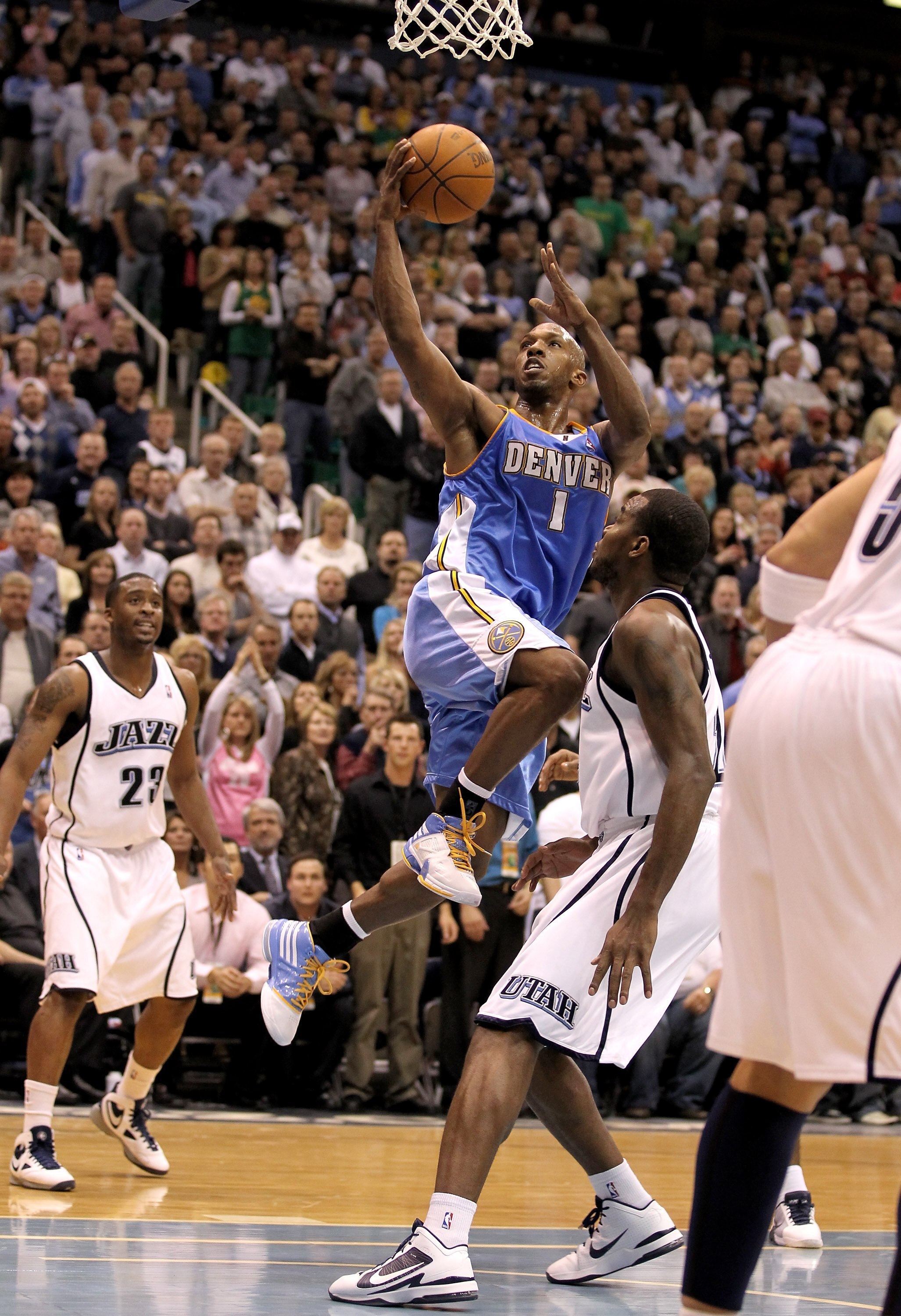 SALT LAKE CITY - APRIL 30:  Chauncey Billups #1 of the Denver Nuggets drives to the basket during their game against the Utah Jazz in Game Six of the Western Conference Quarterfinals of the 2010 NBA Playoffs at EnergySolutions Arena on April 30, 2010 in S