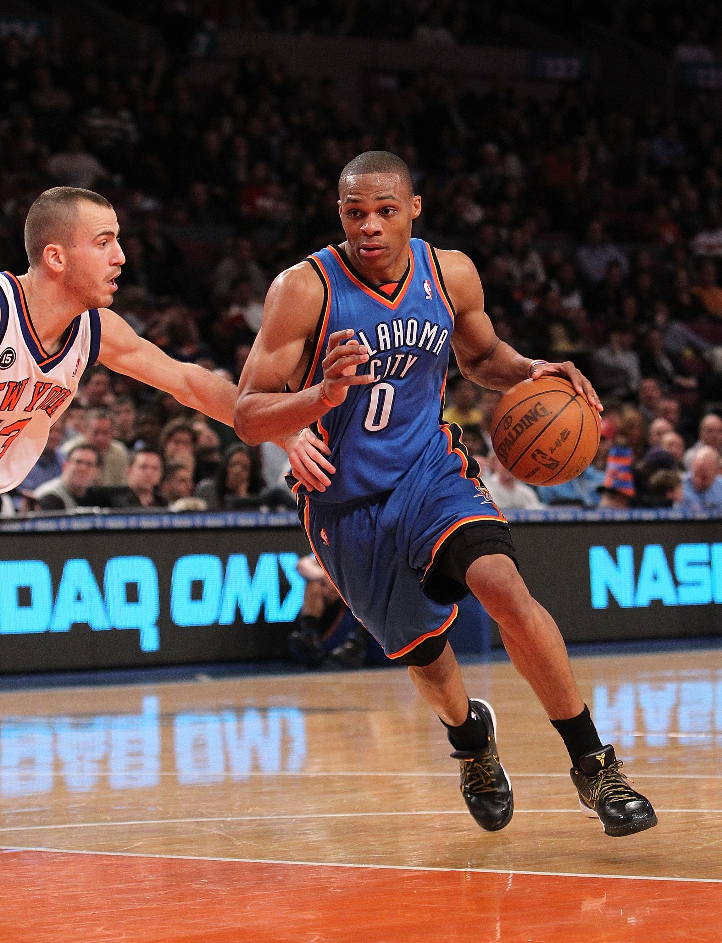 NEW YORK - FEBRUARY 20:  Russell Westbrook #0 of the Oklahoma City Thunder drives to the basket against the New York Knicks at Madison Square Garden on February 20, 2010 in New York, New York. NOTE TO USER: User expressly acknowledges and agrees that, by