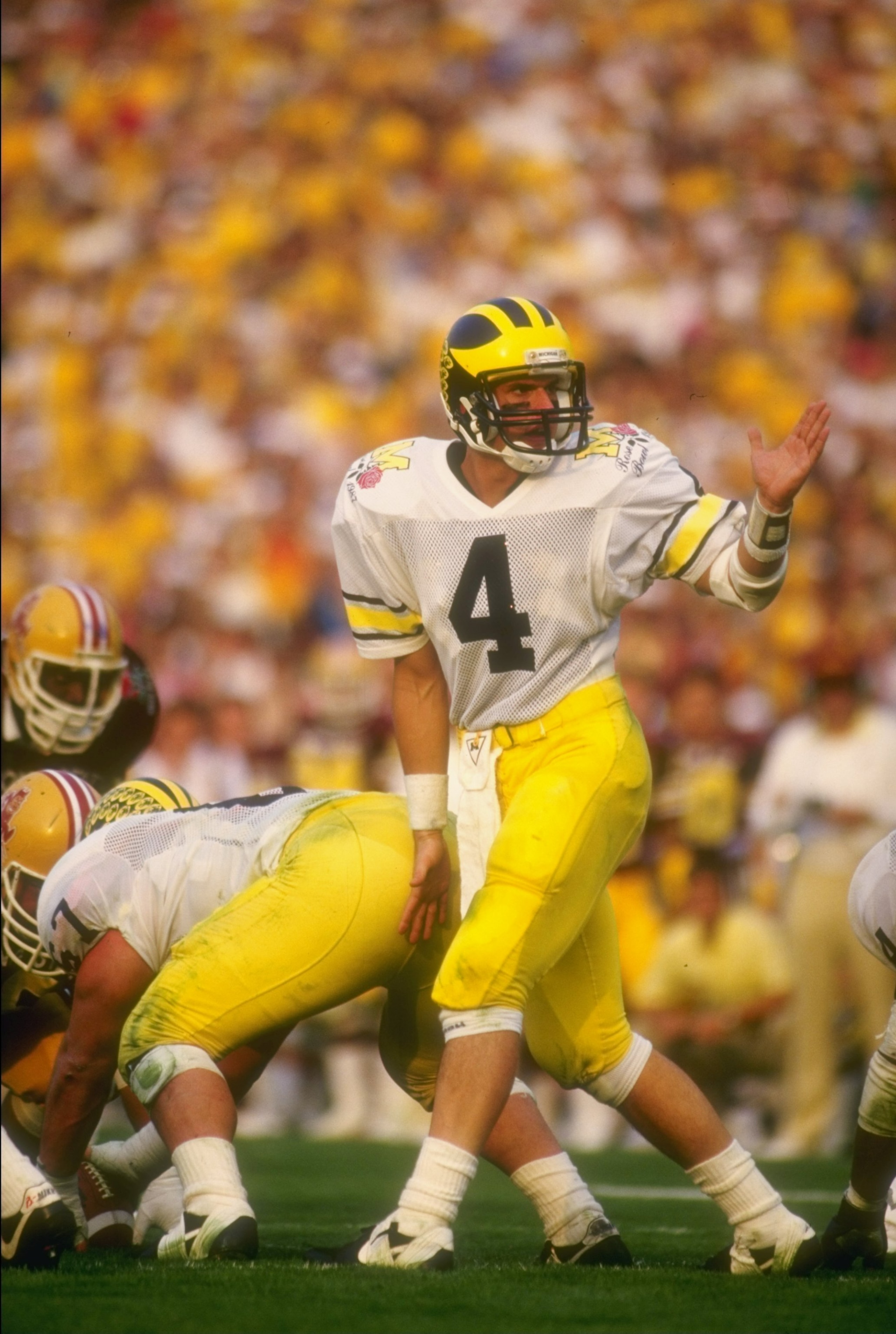 1 Jan 1987: Jim Harbaugh #4 of Michigan during their 22-15 loss to Arizona State at the Rose Bowl in Pasadena, California. Mandatory Credit: Mike Powell  /Allsport
