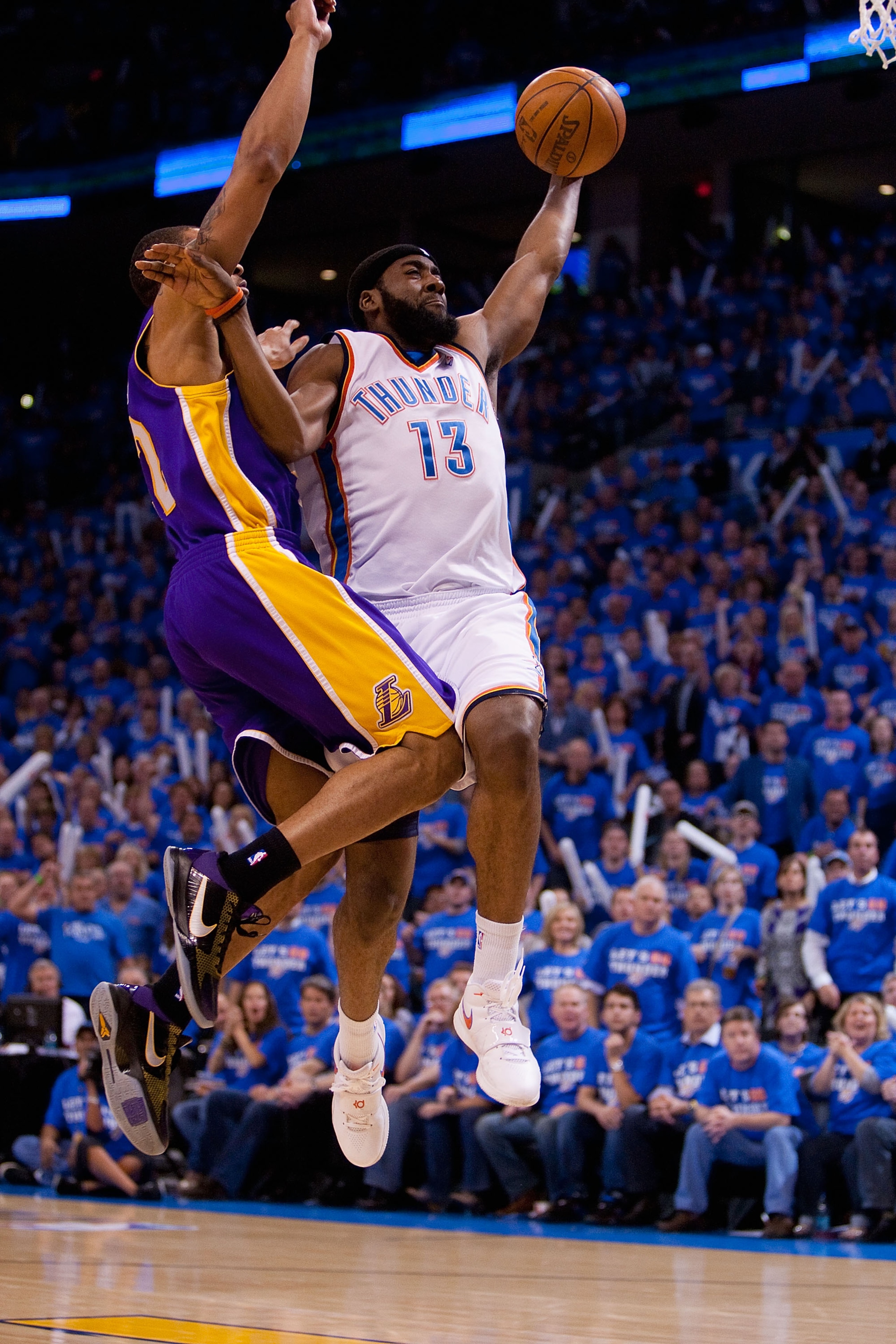OKLAHOMA CITY - APRIL 30: James Harden #13 of the Oklahoma City Thunder goes for a lay up against the Los Angeles Lakers during Game Six of the Western Conference Quarterfinals of the 2010 NBA Playoffs on April 30, 2010 at the Ford Center in Oklahoma City