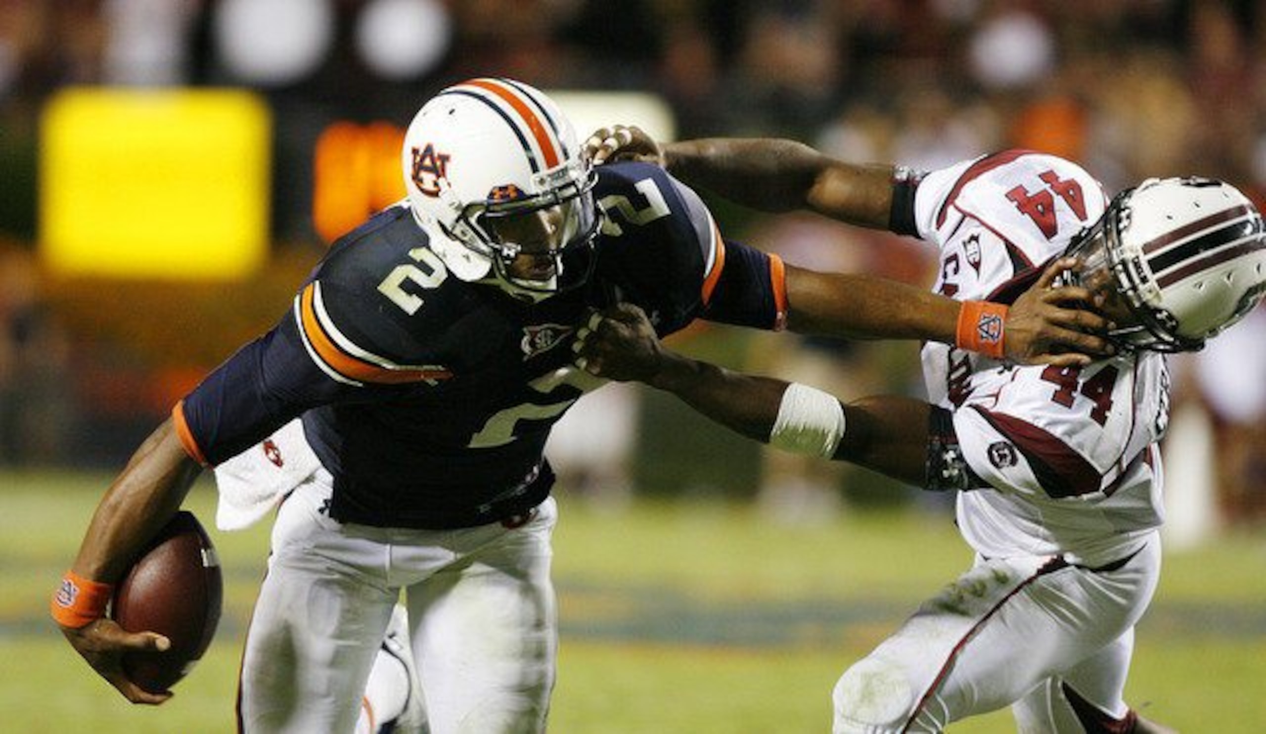 A punishing stiff arm to the face of a South Carolina defender