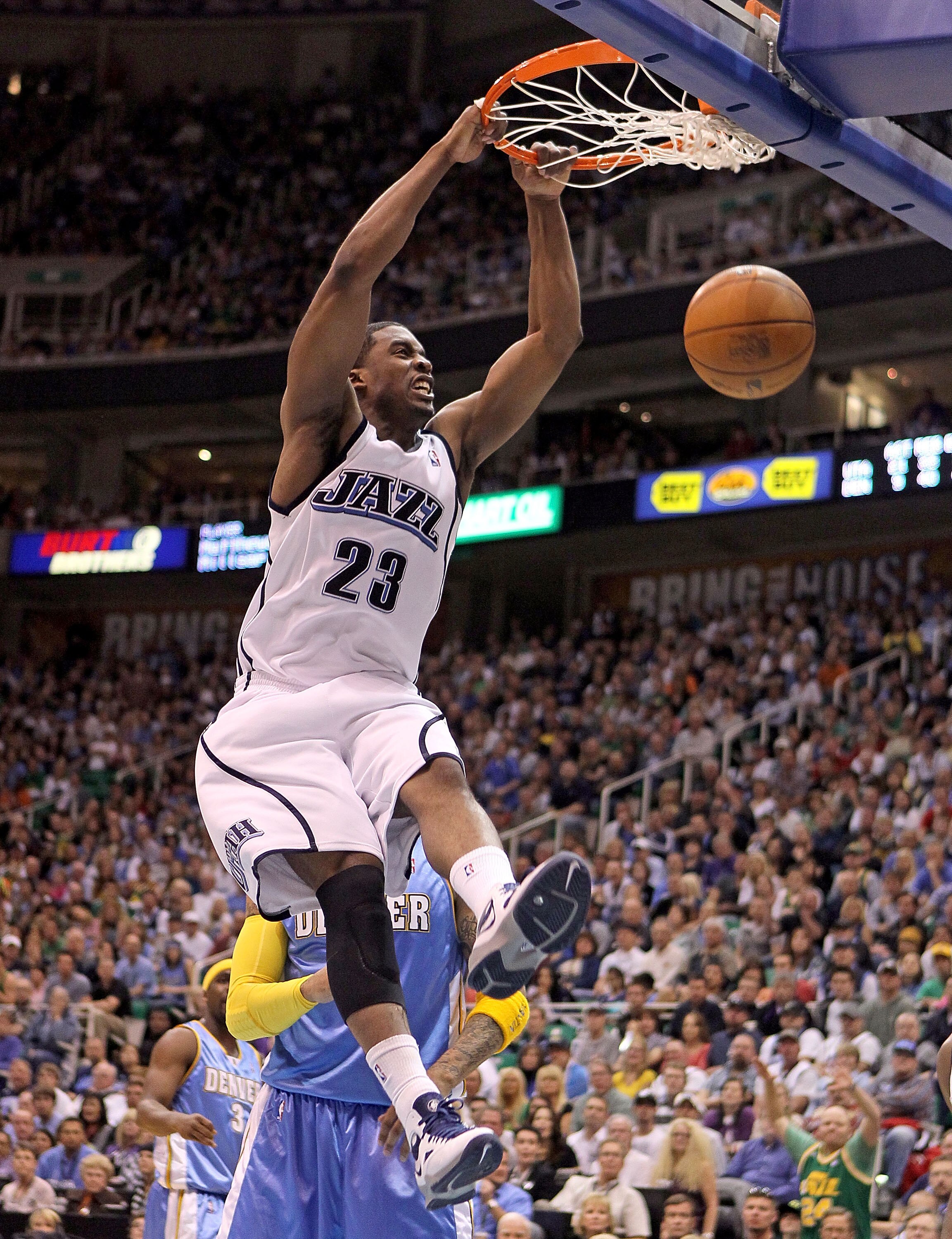 SALT LAKE CITY - APRIL 25:  Wesley Matthews #23 of the Utah Jazz dunks the ball against the Denver Nuggets during Game Four of the Western Conference Quarterfinals of the 2010 NBA Playoffs at EnergySolutions Arena on April 25, 2010 in Salt Lake City, Utah