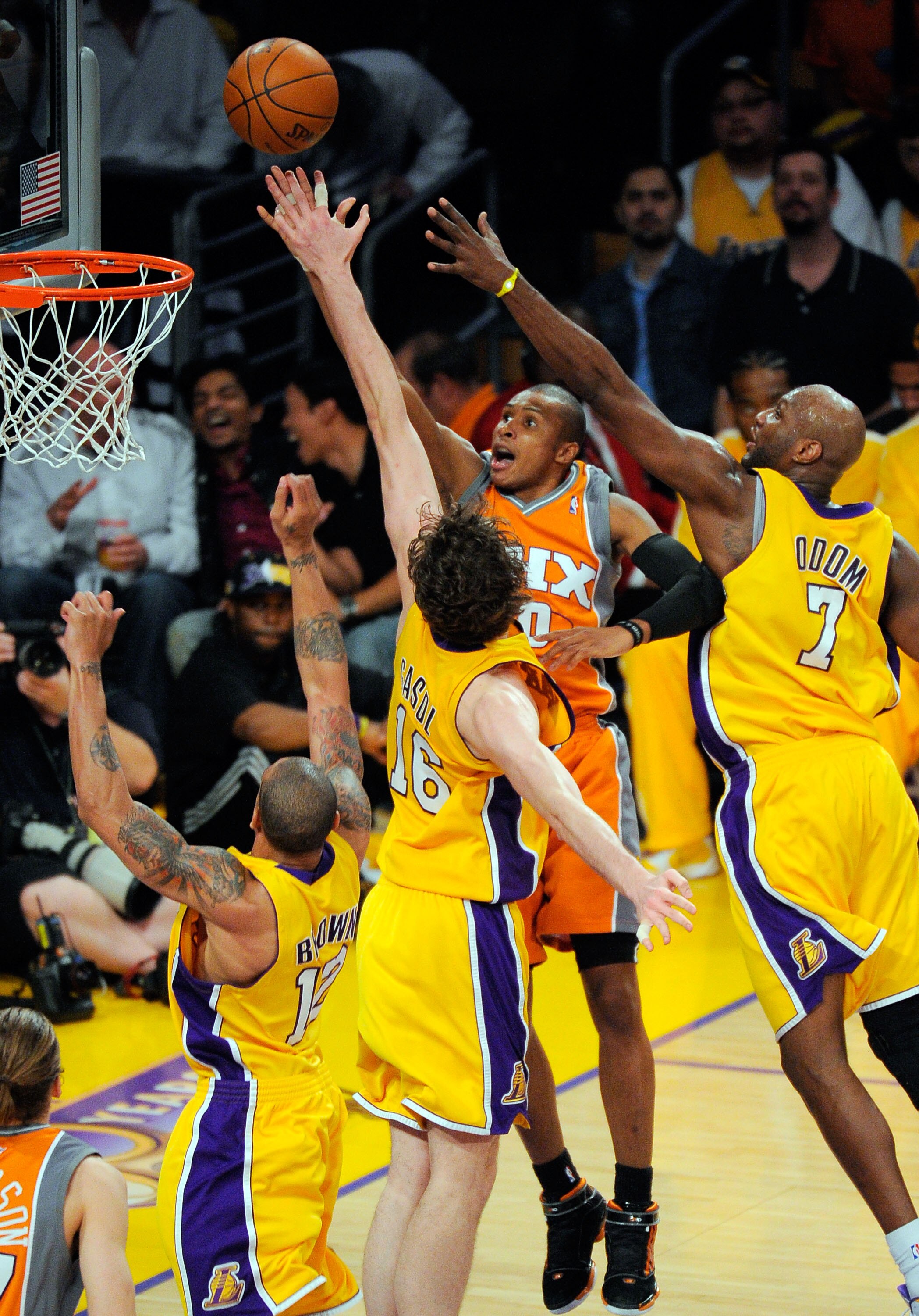 LOS ANGELES, CA - MAY 19:  Leandro Barbosa #10 of the Phoenix Suns has his layup blocked by Pau Gasol #16 of the Los Angeles Lakers as Lamar Odom #7 defends during the fourth quarter in Game Two of the Western Conference Finals during the 2010 NBA Playoff