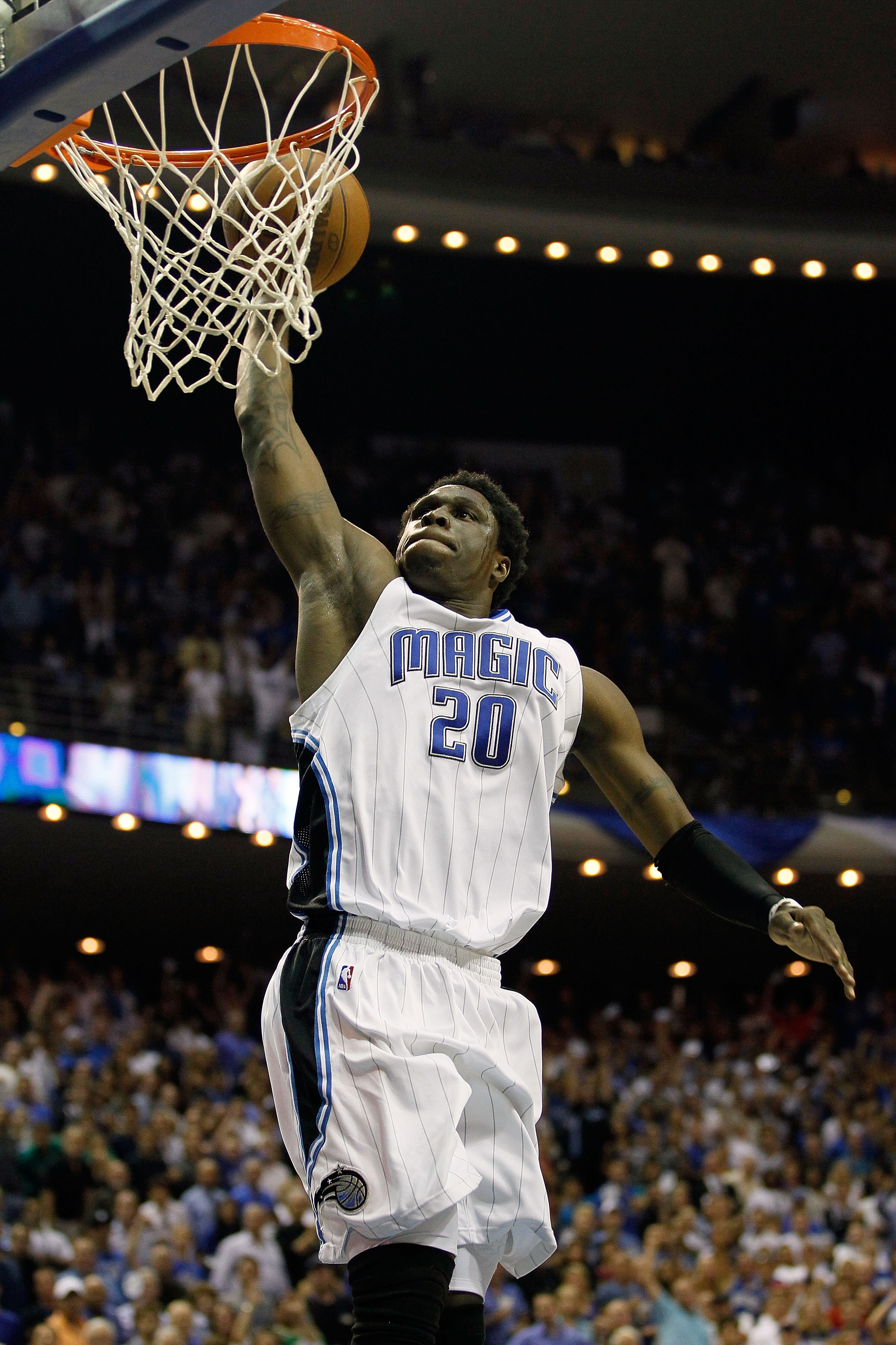 ORLANDO, FL - MAY 26:  Mickael Pietrus #20 of the Orlando Magic dunks against the Boston Celtics in Game Five of the Eastern Conference Finals during the 2010 NBA Playoffs at Amway Arena on May 26, 2010 in Orlando, Florida. The Magic won 113-92. NOTE TO U