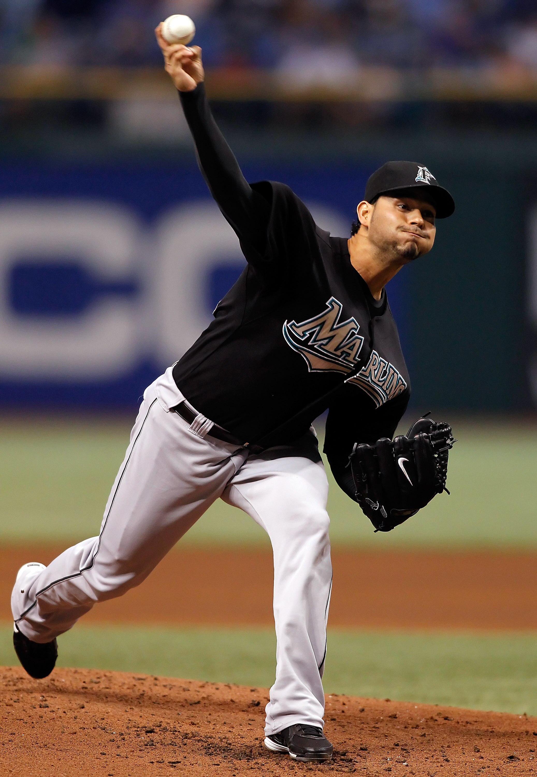 ST. PETERSBURG - JUNE 11:  Pitcher Anibel Sanchez #19 of the Florida Marlins pitches against the Tampa Bay Rays at Tropicana Field on June 11, 2010 in St. Petersburg, Florida.  (Photo by J. Meric/Getty Images)