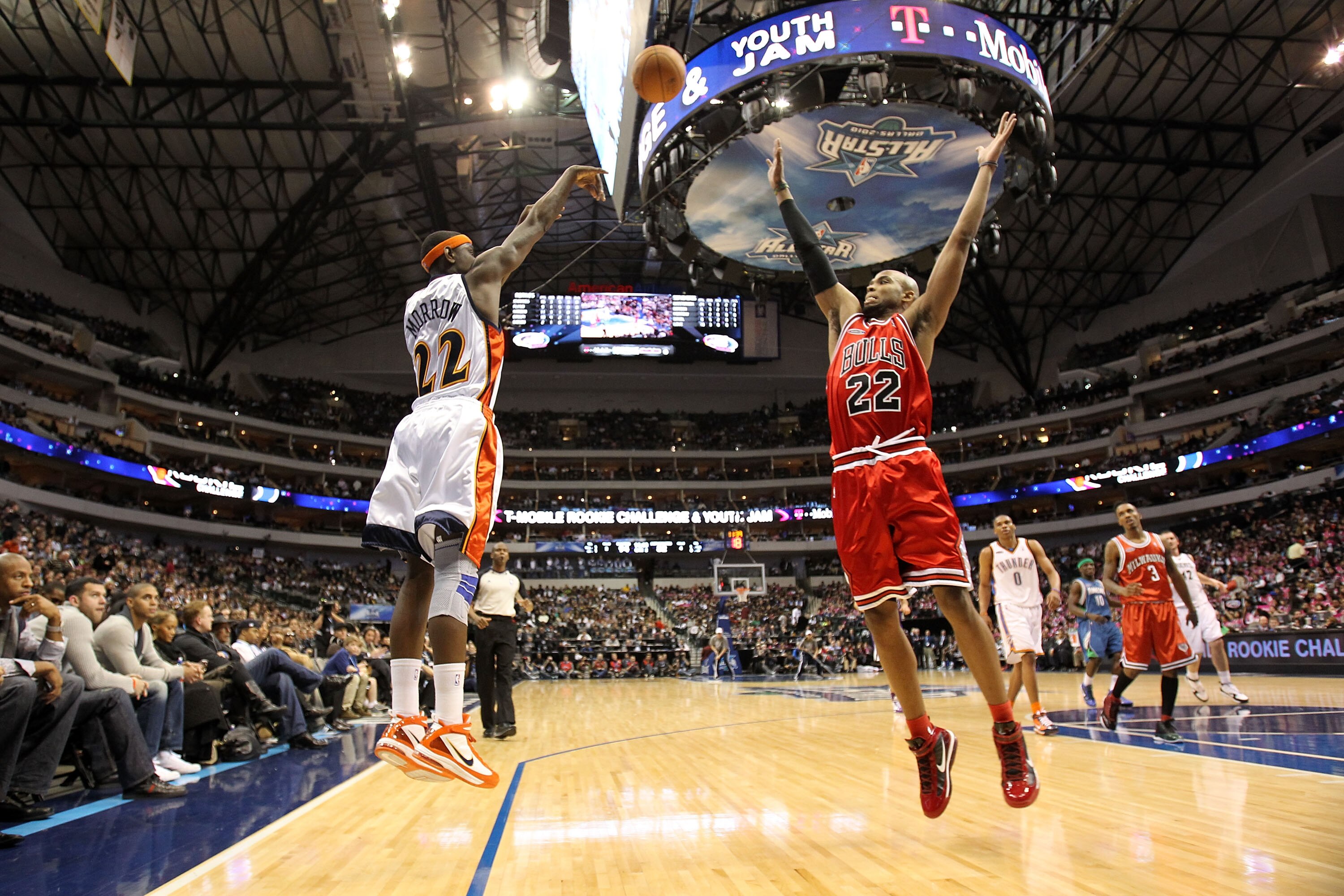 DALLAS - FEBRUARY 12:  Anthony Morrow #22 of the Sophomore team shoots against Taj Gibson #22 of the Rookie team during the second half of the T-Mobile Rookie Challenge & Youth Jam part of 2010 NBA All-Star Weekend at American Airlines Center on February