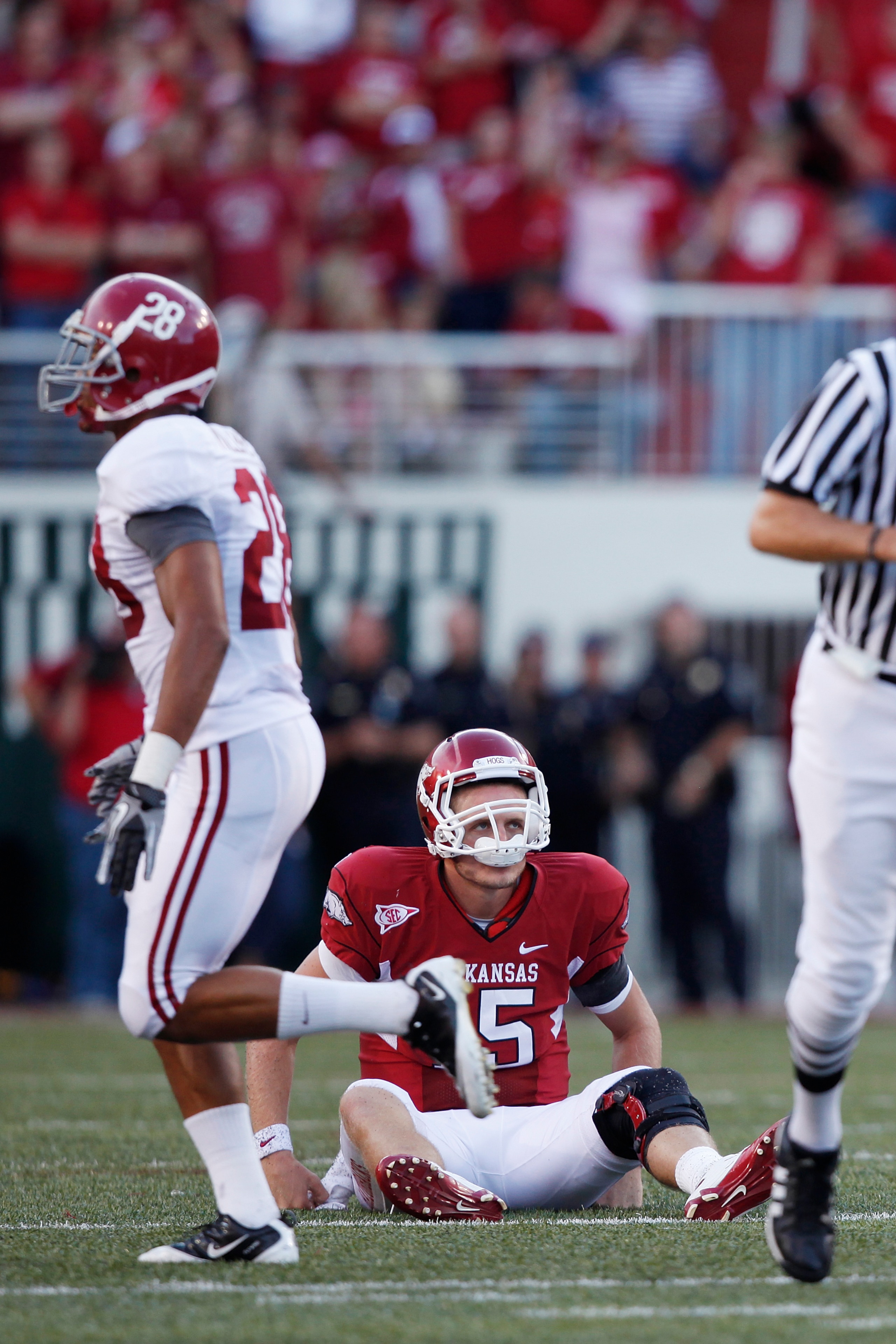 FAYETTEVILLE - SEPTEMBER 25: Ryan Mallett #15 of the Arkansas Razorbacks looks on after throwing an interception late in the game against the Alabama Crimson Tide at Donald W. Reynolds Razorback Stadium on September 25, 2010 in Fayetteville, Arkansas. Ala
