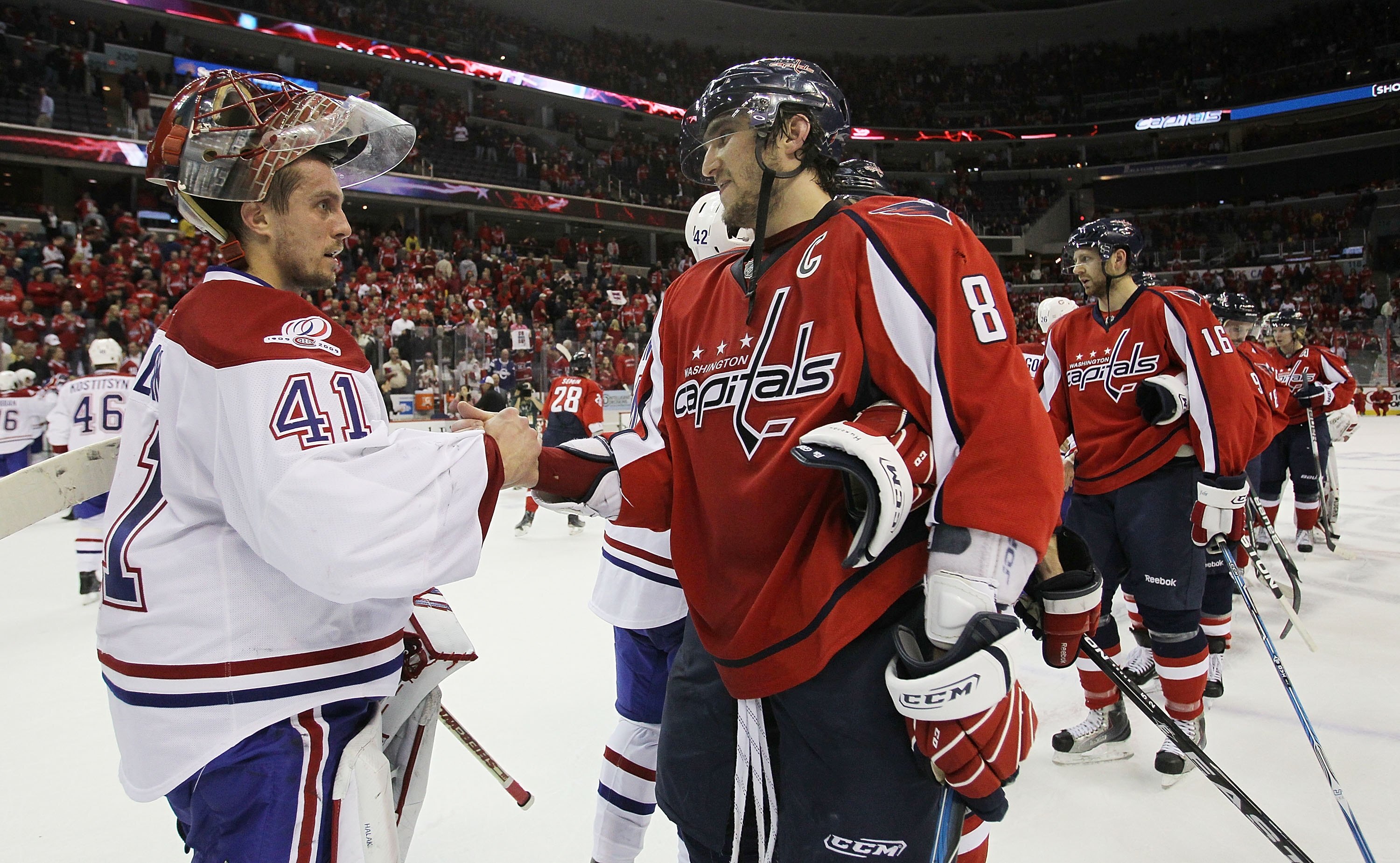 WASHINGTON - APRIL 28:  Jaroslav Halak #41 of the Montreal Canadiens shakes hands with Alex Ovechkin #8 of the Washington Capitals following the Canadiens 2-1 win in Game Seven of the Eastern Conference Quarterfinals during the 2010 NHL Stanley Cup Playof