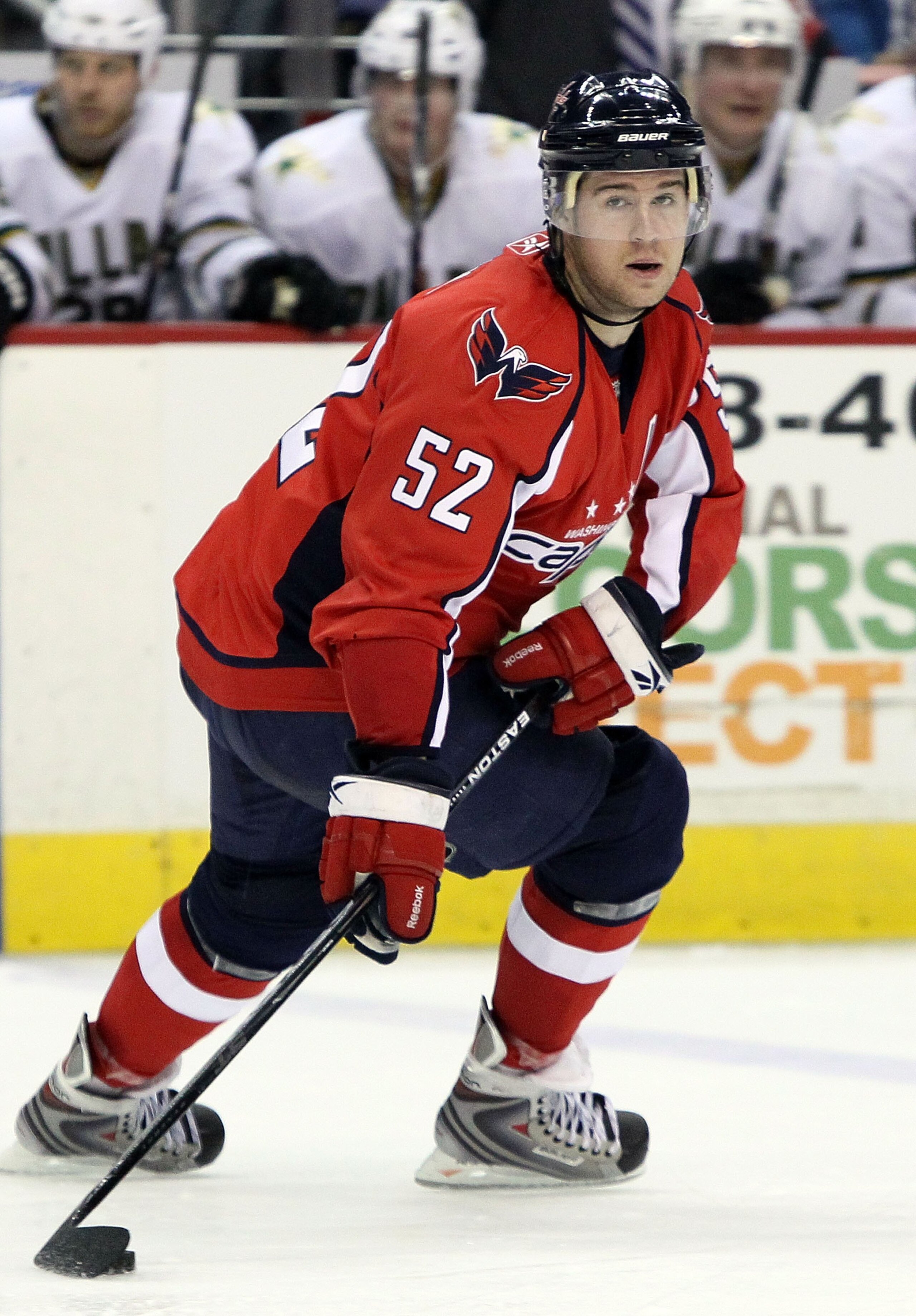 WASHINGTON DC, DC - MARCH 08:  Mike Green #52 of the Washington Capitals skates against the Dallas Stars on March 8, 2010 at the Verizon Center in Washington, DC. The Stars defeated the Caps 4-3 after a shootout.  (Photo by Jim McIsaac/Getty Images)