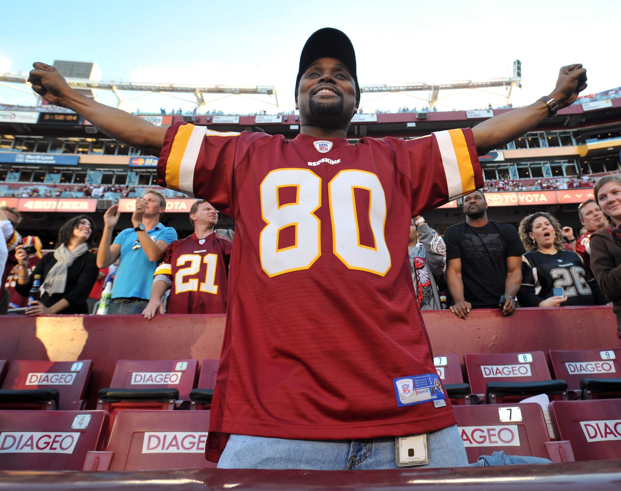 LANDOVER, MD - NOVEMBER 15:  A fan of the Washington Redskins celebrates his team's win against the Denver Broncos at FedExField on November 15, 2009 in Landover, Maryland. The Redskins defeated the Broncos 27-17. (Photo by Larry French/Getty Images)