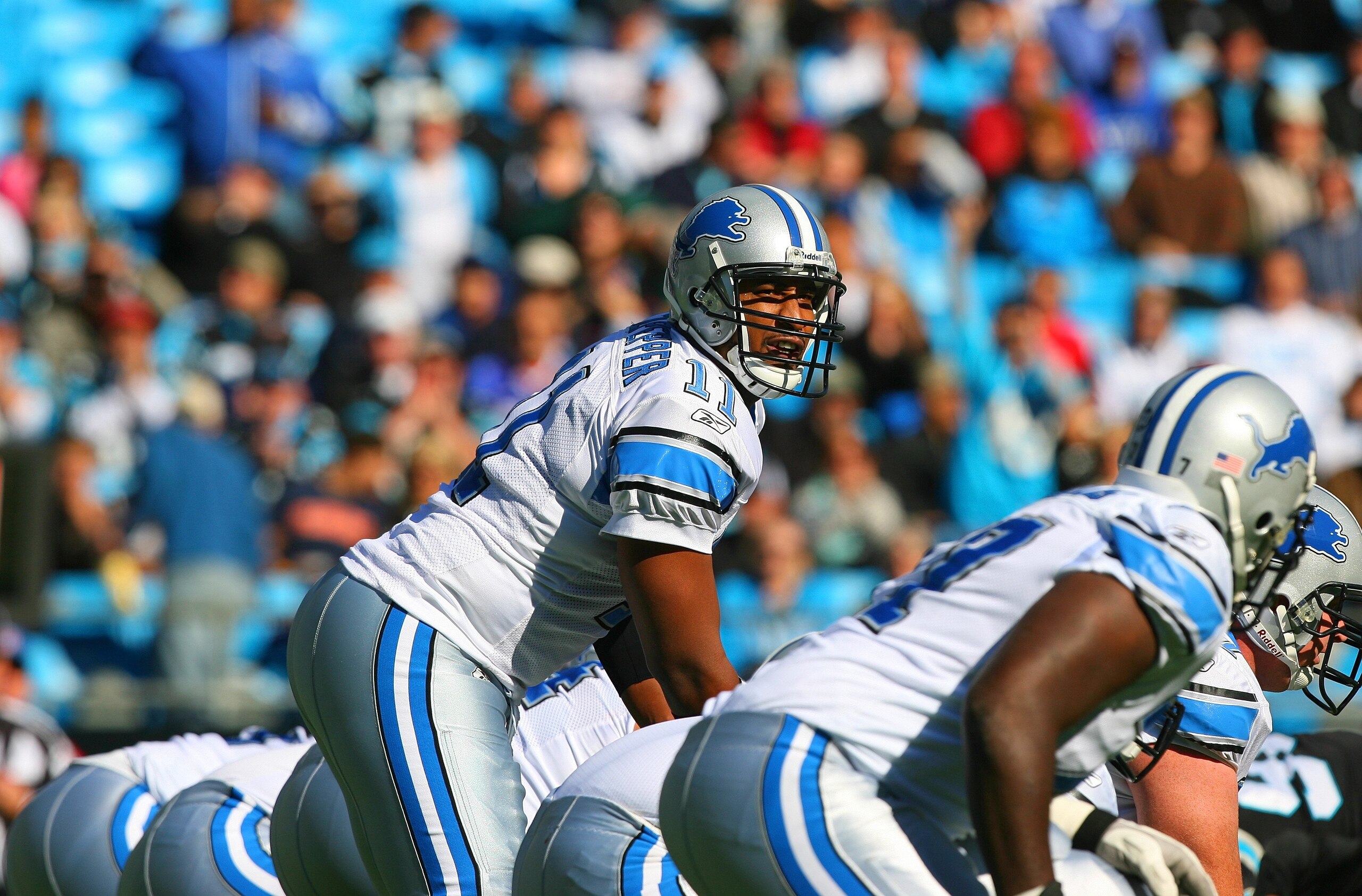 CHARLOTTE, NC - NOVEMBER 16:  Quarterback Daunte Culpepper #11 of the Detroit Lions lines up behind center during their NFL game against the Carolina Panthers at Bank of America Stadium on November 16, 2008  in Charlotte, North Carolina. The Panthers defe