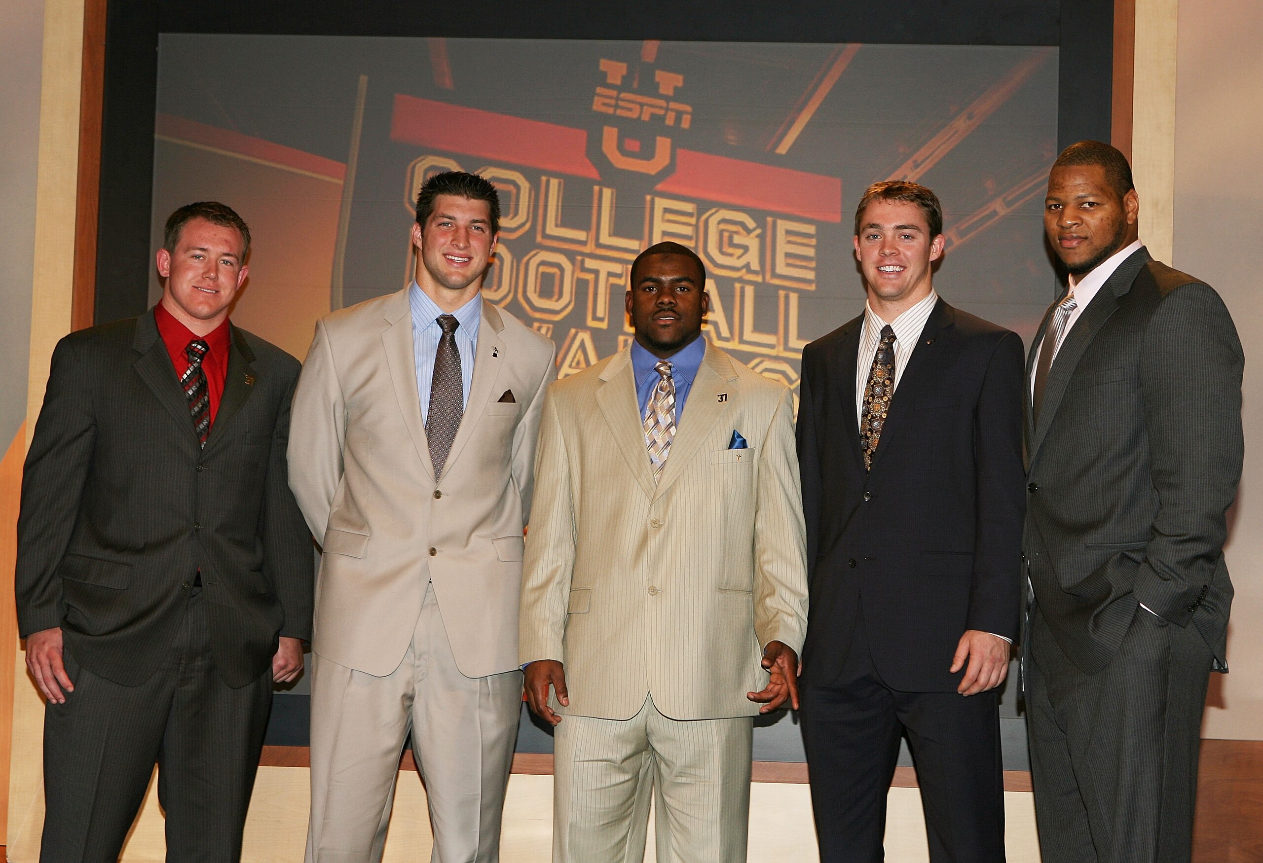 LAKE BUENA VISTA, FL - DECEMBER 10: (L to R) Heisman Trophy finalists Toby Gerhart of Stanford, Tim Tebow of Florida, Mark Ingram of Alabama, Colt McCoy and Ndamukong Suh of Nebraska pose after the Home Depot ESPNU College Football Awards at the Disney Bo LAKE BUENA VISTA, FL - DECEMBER 10: (L to R) Heisman Trophy finalists Toby Gerhart of Stanford, Tim Tebow of Florida, Mark Ingram of Alabama, Colt McCoy and Ndamukong Suh of Nebraska pose after the Home Depot ESPNU College Football Awards at the Disney Bo