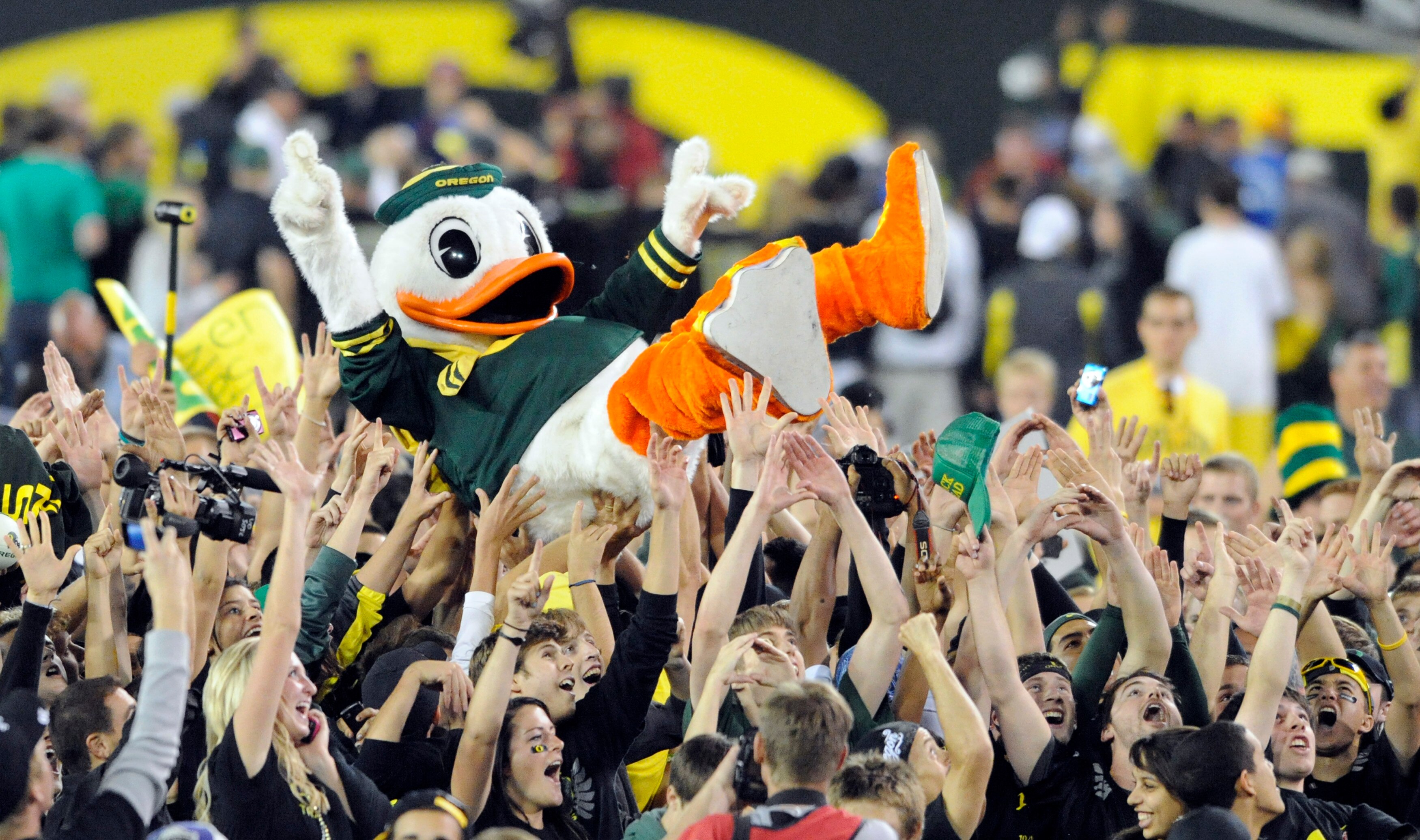 EUGENE, OR - OCTOBER 2: Puddles the Oregon Duck mascot is carried on the shoulders of fans on the feild of Autzen Stadium after the Oregon Ducks beat the Stanford Cardinal 52-31 at Autzen Stadium on October 2, 2010 in Eugene, Oregon. (Photo by Steve Dykes EUGENE, OR - OCTOBER 2: Puddles the Oregon Duck mascot is carried on the shoulders of fans on the feild of Autzen Stadium after the Oregon Ducks beat the Stanford Cardinal 52-31 at Autzen Stadium on October 2, 2010 in Eugene, Oregon. (Photo by Steve Dykes