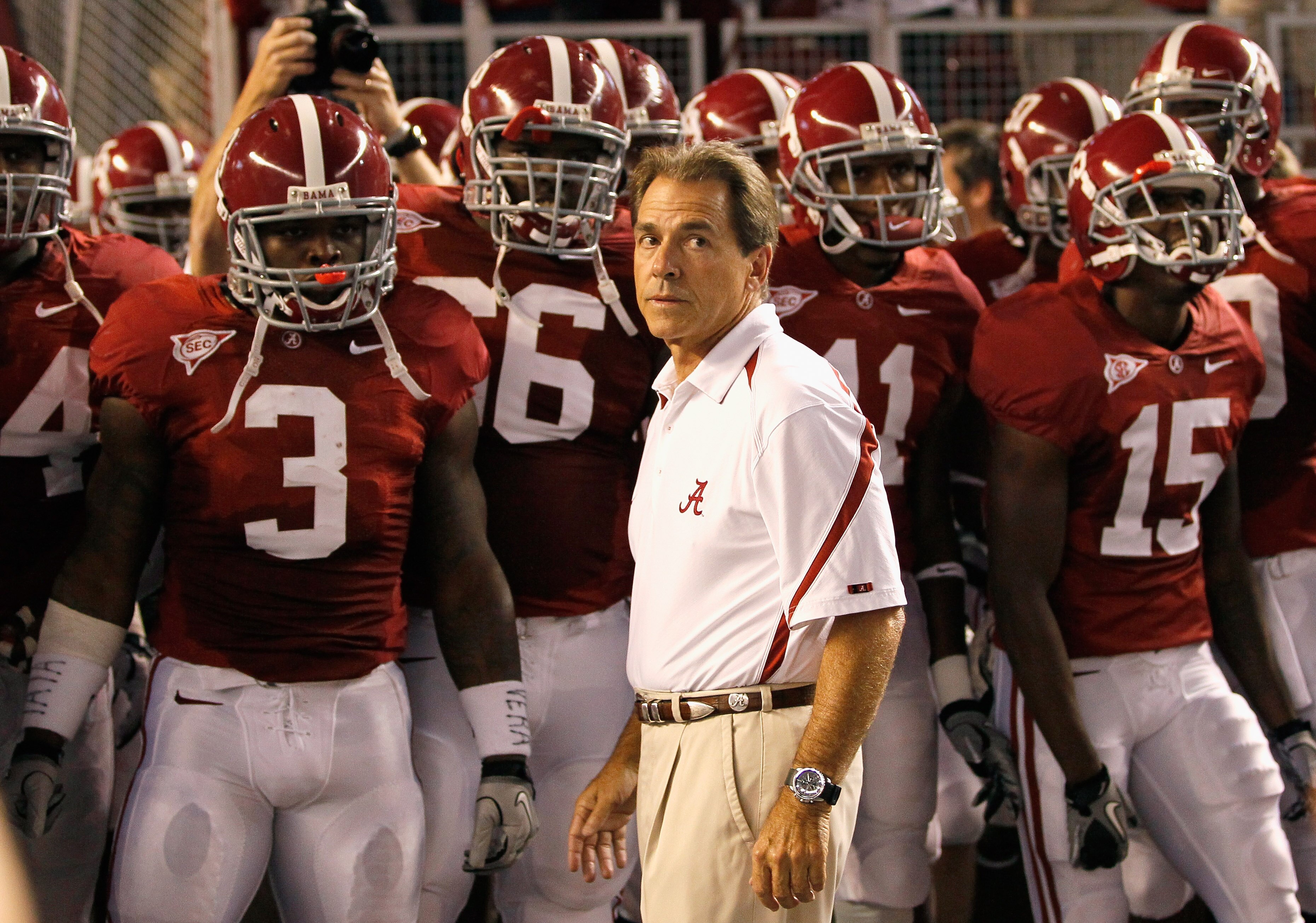 TUSCALOOSA, AL - OCTOBER 02: Head coach Nick Saban of the Alabama Crimson Tide leads his team onto the field to face the Florida Gators at Bryant-Denny Stadium on October 2, 2010 in Tuscaloosa, Alabama. (Photo by Kevin C. Cox/Getty Images) TUSCALOOSA, AL - OCTOBER 02: Head coach Nick Saban of the Alabama Crimson Tide leads his team onto the field to face the Florida Gators at Bryant-Denny Stadium on October 2, 2010 in Tuscaloosa, Alabama. (Photo by Kevin C. Cox/Getty Images)