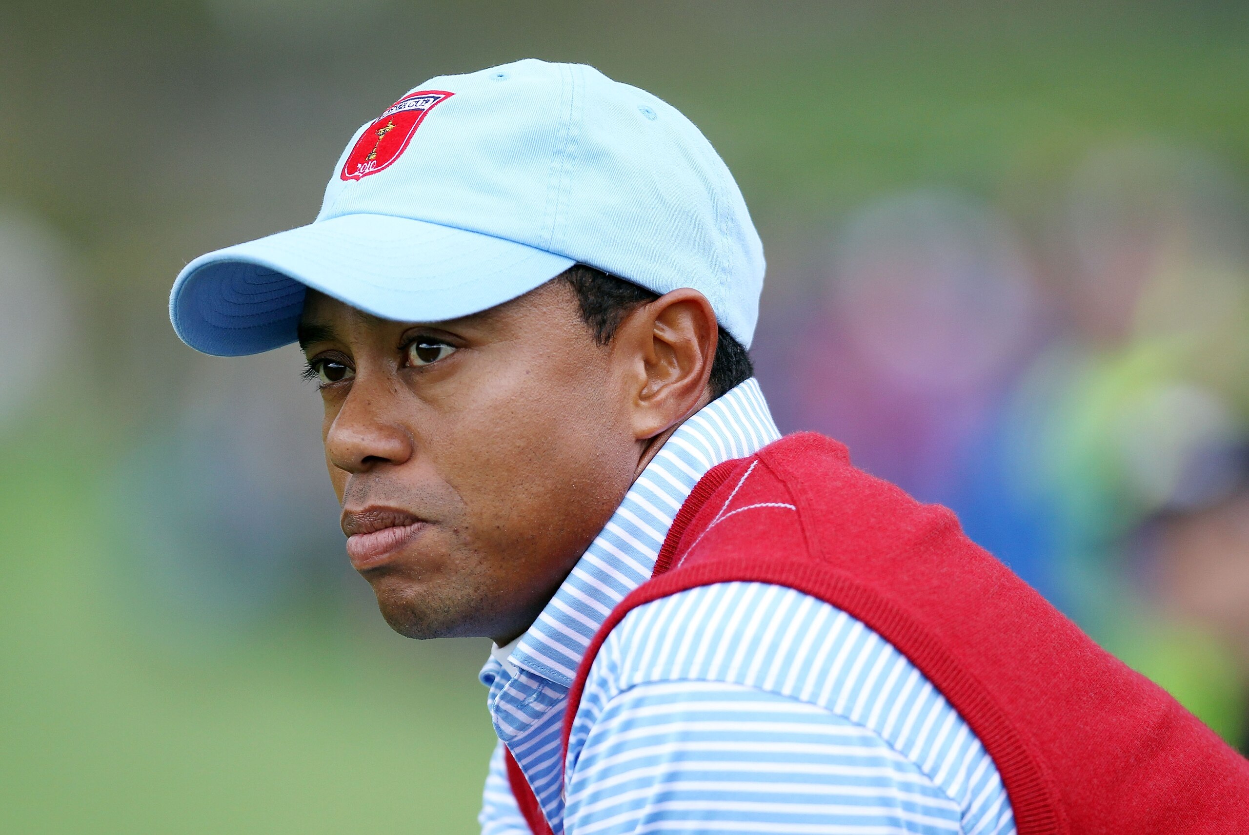 NEWPORT, WALES - OCTOBER 03:  Tiger Woods of the USA looks on during the Fourball & Foursome Matches during the 2010 Ryder Cup at the Celtic Manor Resort on October 3, 2010 in Newport, Wales.  (Photo by Andy Lyons/Getty Images)