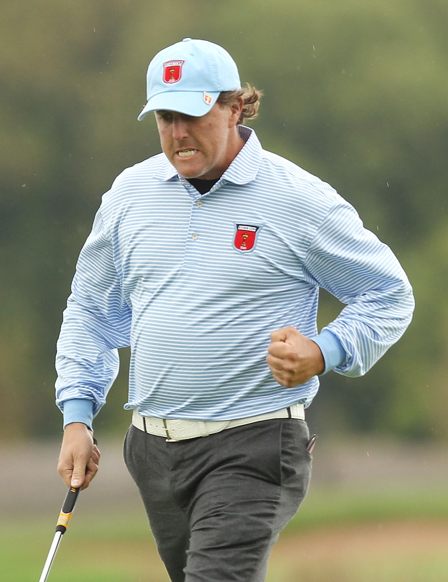 NEWPORT, WALES - OCTOBER 03:  Phil Mickelson of the USA celebrates a birdie putt on the 13th hole during the  Fourball & Foursome Matches during the 2010 Ryder Cup at the Celtic Manor Resort on October 3, 2010 in Newport, Wales.  (Photo by Ross Kinnaird/G