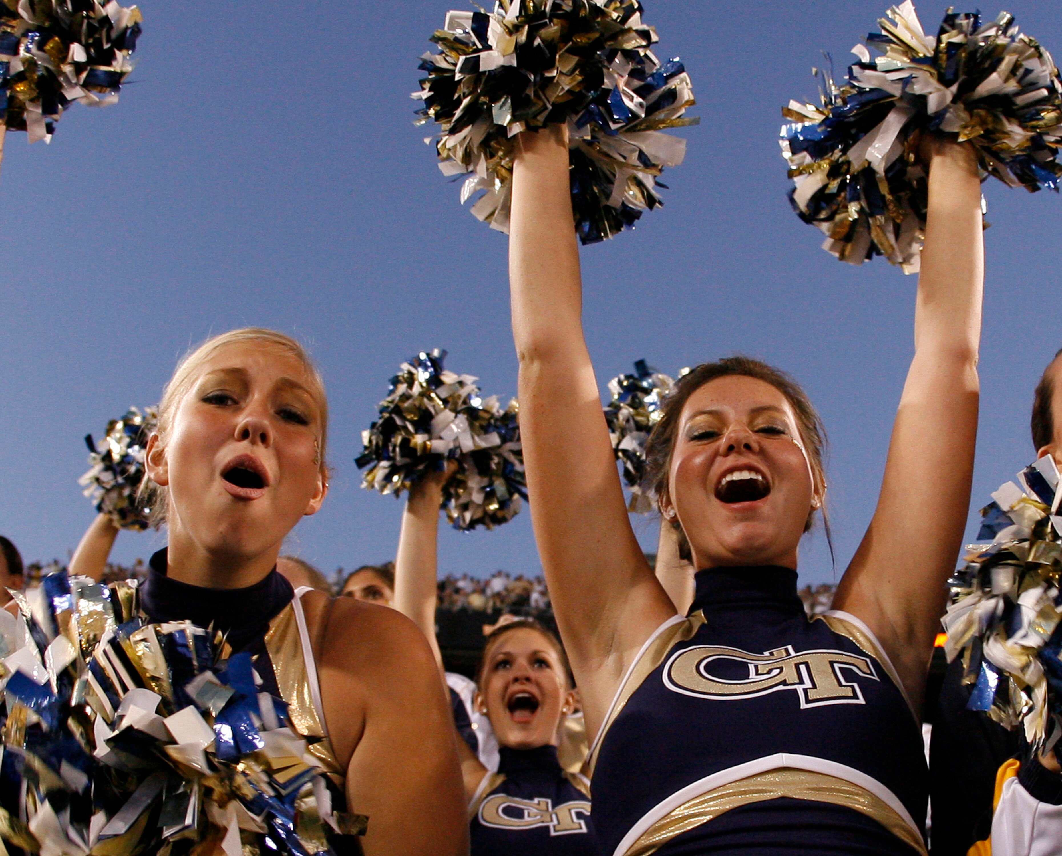 ATLANTA - NOVEMBER 1:  Georgia Tech Yellow Jackets cheerleaders celebrate the win over the Florida State Seminoles after the game at Bobby Dodd Stadium at Historic Grant Field on November 1, 2008 in Atlanta, Georgia.  The Yellow Jackets beat the Seminoles