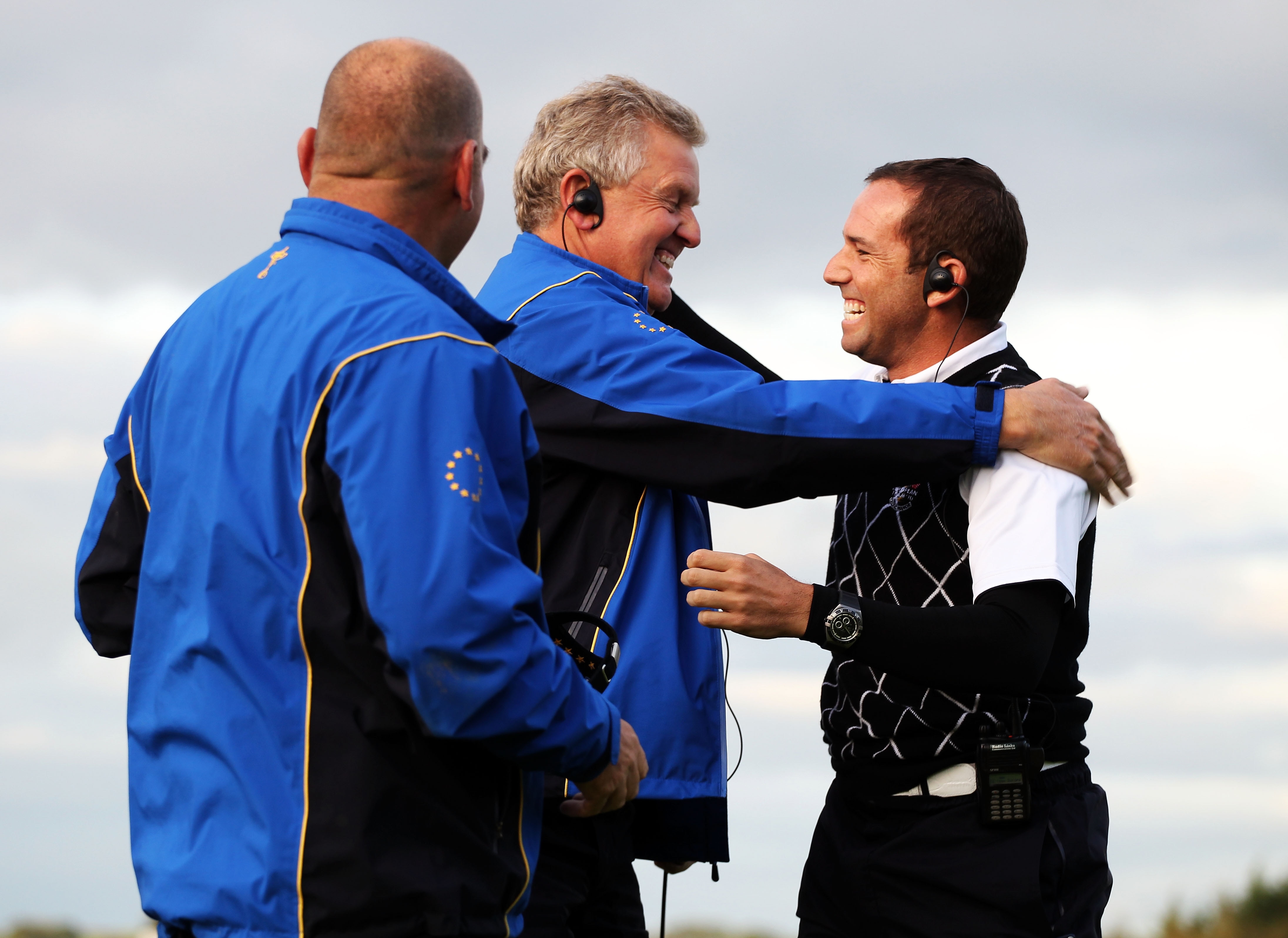 NEWPORT, WALES - OCTOBER 03:  Europe Captain Colin Montgomerie reacts with Vice Captain Sergio Garcia (R) during the  Fourball & Foursome Matches during the 2010 Ryder Cup at the Celtic Manor Resort on October 3, 2010 in Newport, Wales.  (Photo by Jamie S